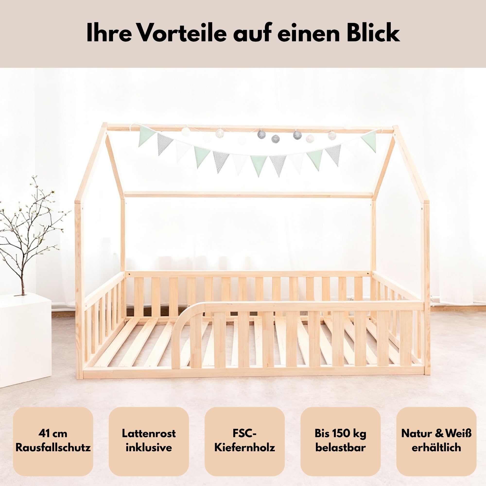 Bodenbett 90x160 für Kleinkinder, Montessori Hausbett aus FSC-Kiefernholz Weiß, Kinderbett mit Lattenrost und 41 cm Rausfallschutz, Einstieg Links