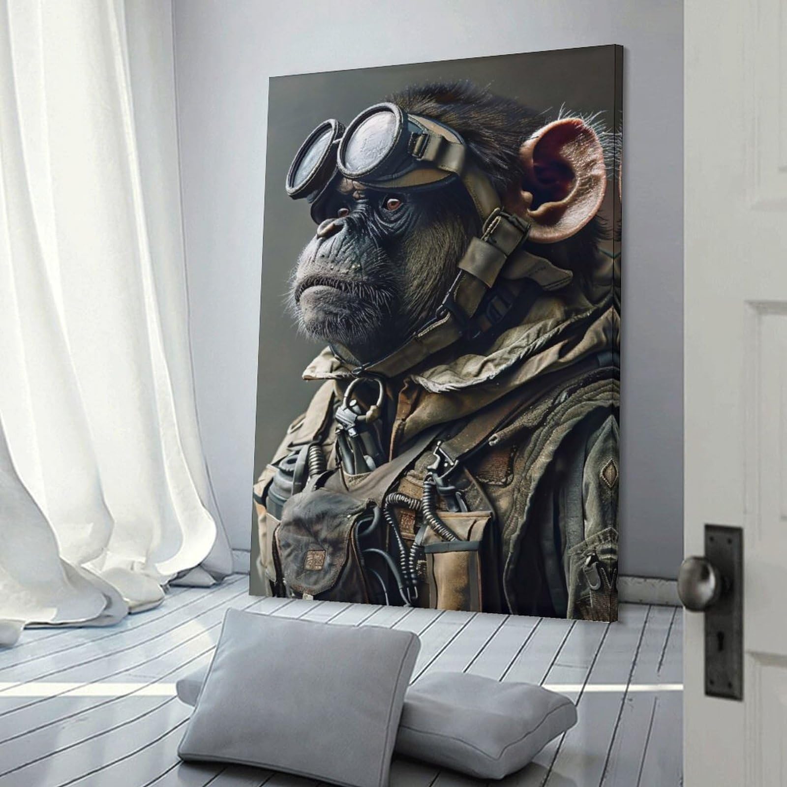 Junmoney Chimpanzee in Military Gear with Goggles Home Decor Wall Art, 20x30inch(50x75cm), for Apartment Walls, Studios Or Work Areas, Decorative Canvas Decor for Home Updates