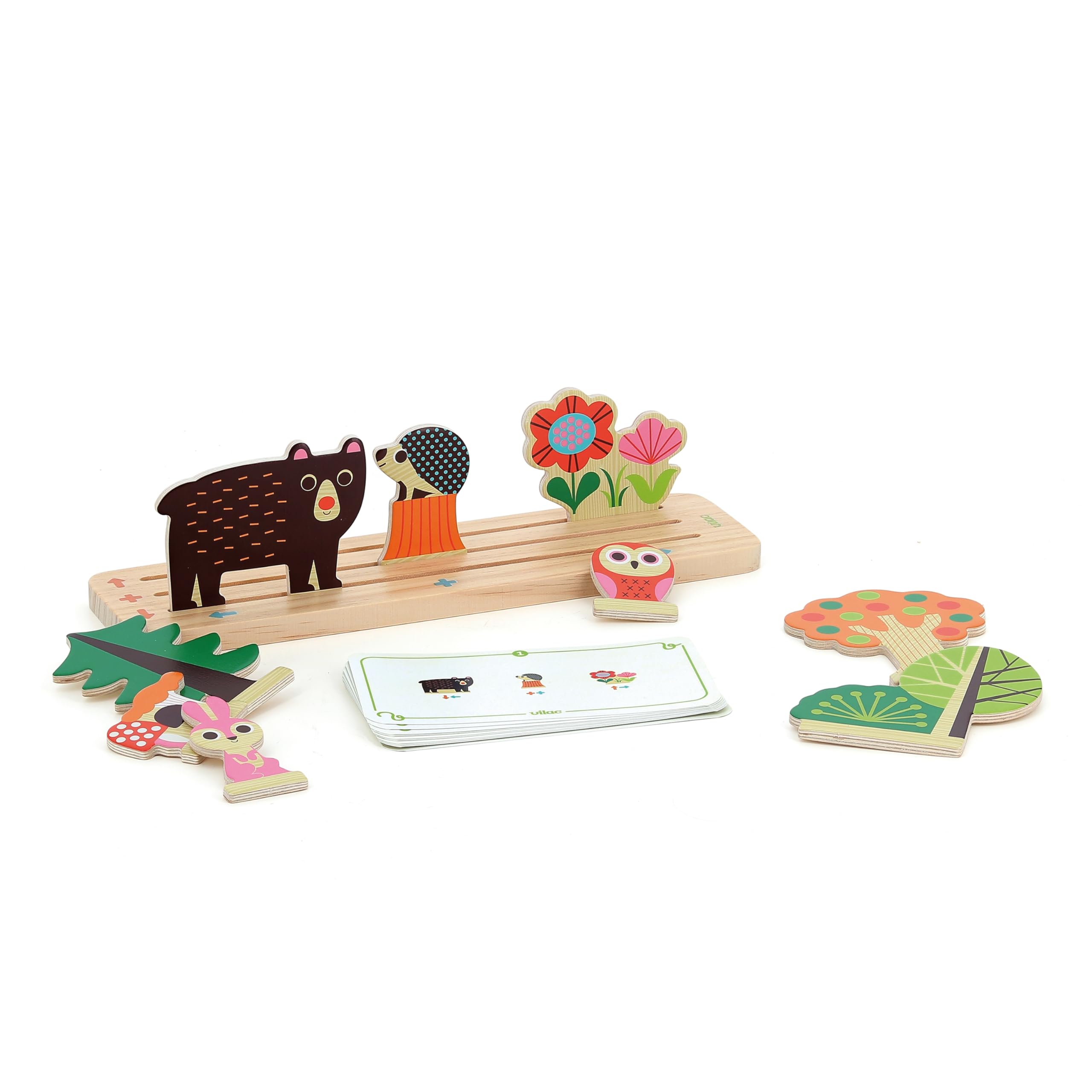 VILAC - Oussassplass La foresta - Ingela P.Arrhenius - 9 pezzi in legno + 60 carte da gioco con livelli di difficoltà evolutivi - Giochi di risveglio per bambini in legno - dai 3 anni - 7634
