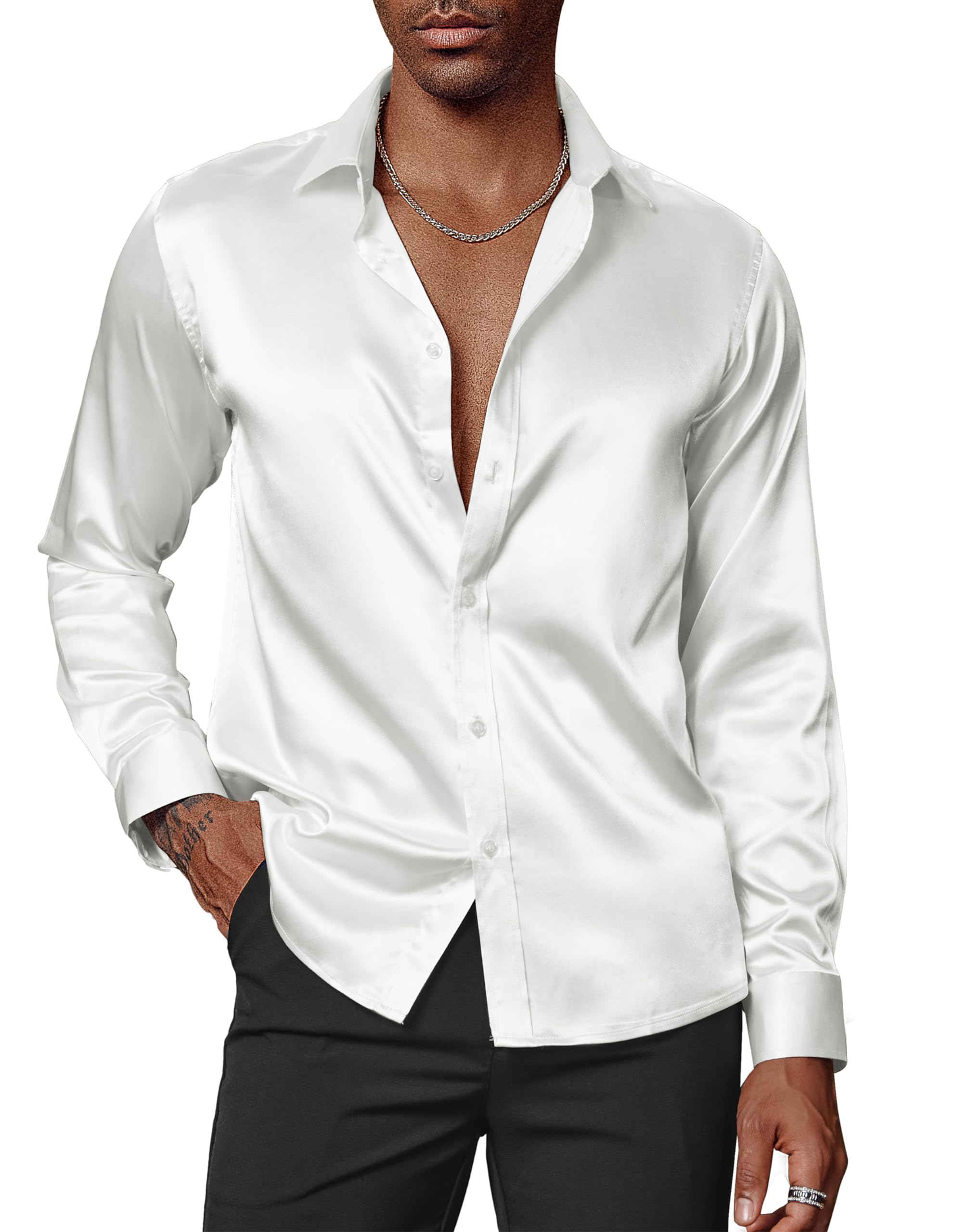 PaulJones Business Shirt Men's Long Sleeve Non-Iron Satin Shirt Party Wedding Shirt with Matching Bow Tie