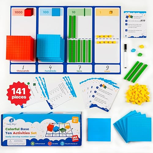Simply magic 141 bloques base de diez bloques para matemáticas – manipuladores matemáticos K-3, bloques de unidad de 1er 2do y 3er grado, bloques de