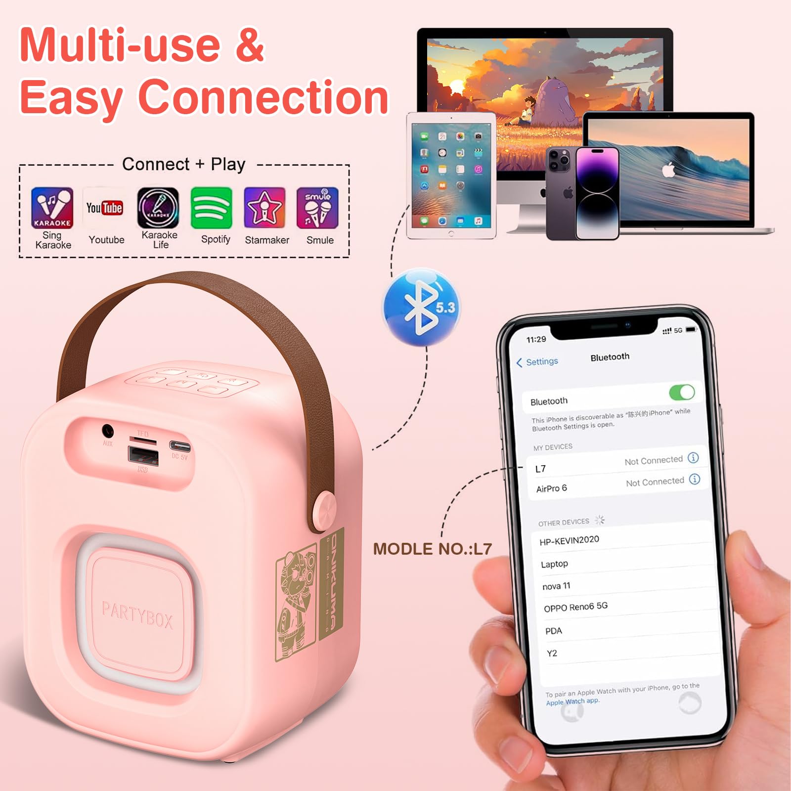 PHNIXGAM Mini Machine de karaoké avec Deux Microphones sans Fil, Haut-Parleur Bluetooth Portable pour Adultes et Enfants, Microphone de karaoké avec LED (Rose)