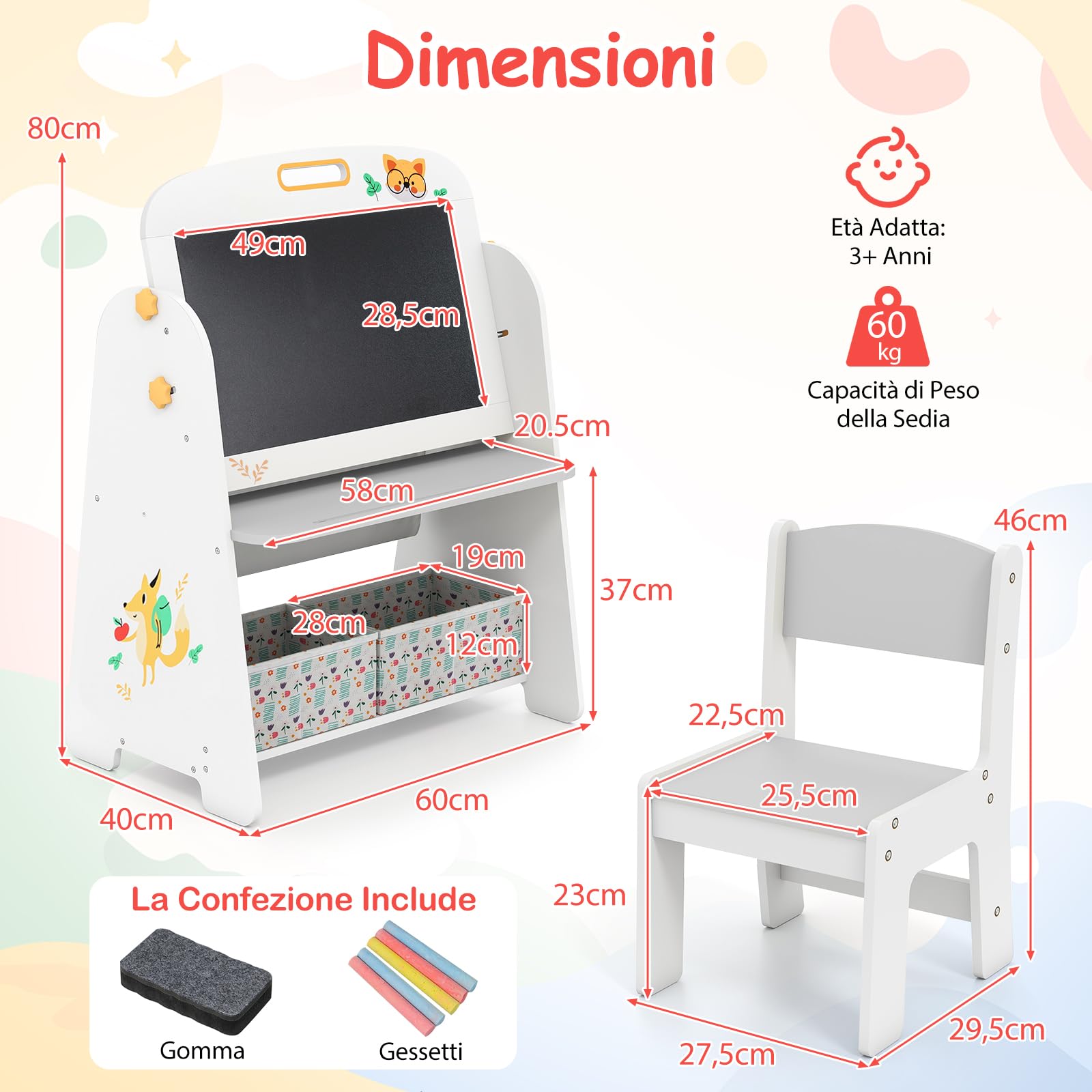 RELAX4LIFE Juego de Mesa y Sillas Infantil con Tema de Zorro, Pizarra Blanca Magnética, Pizarra Negra, Estantería de 2 Niveles y Cajas de Telas para Dibujar y Aprender (Gris)