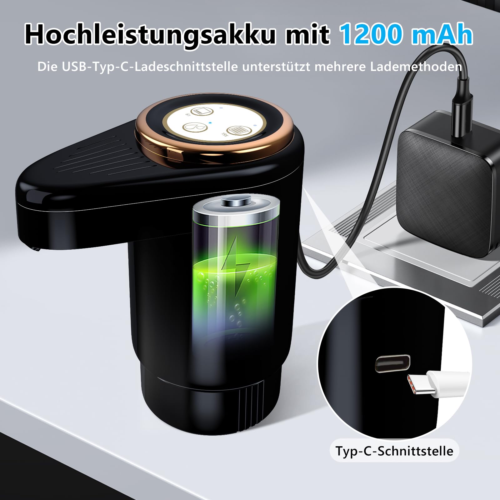 EASYSPEED Dispenser d'Acqua Portatile 1200mAh USB Ricaricabile con Due Pompe Integrate Nero