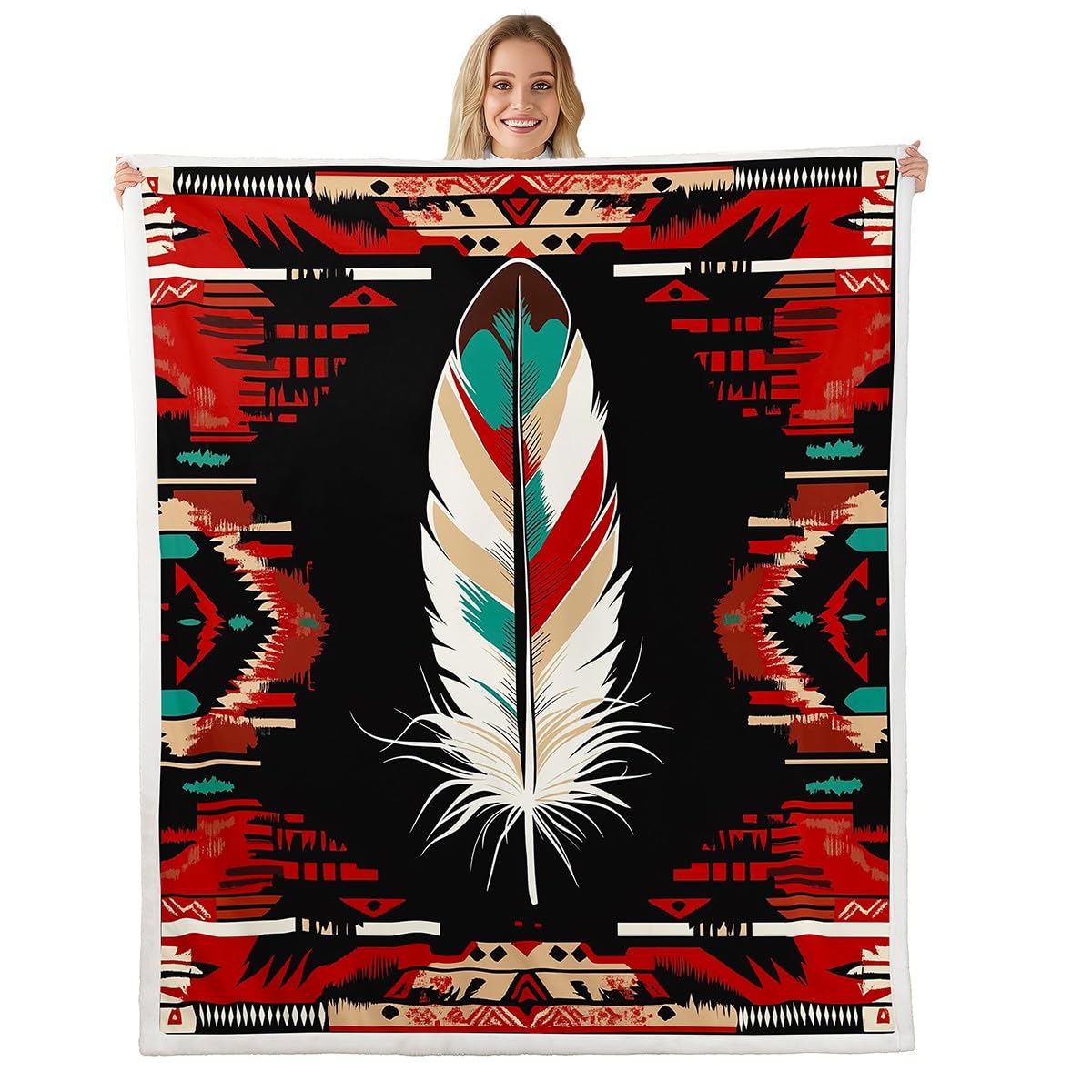 Homemissing Western Sherpa Blanket Southwestern Feather Fleece Throw Blanket for Kids Southwestern Native Bohemian Plush Blanket Southwestern Aztec Fuzzy Blanket for Sofa Bed Couch Single 50x60Inch