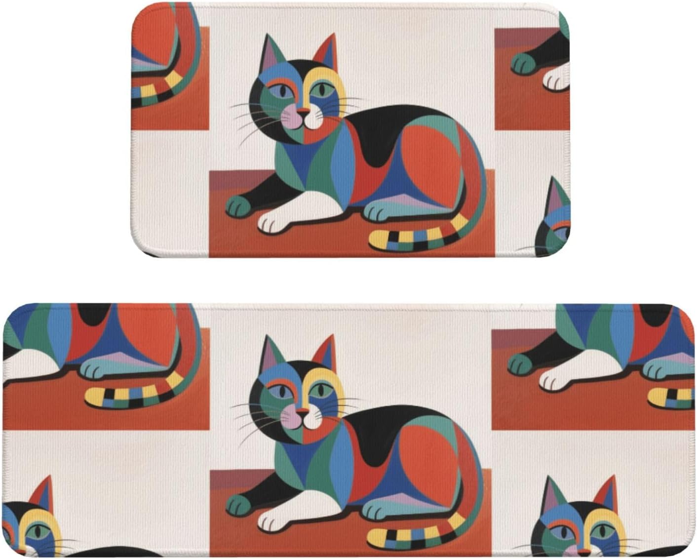 Lazy Cat Kitchen Rugs Set of 2, Cushioned Anti-Fatigue Kitchen Mats for Floor, Waterproof Comfort Standing Mat Absorbent Velvet Kitchen Runner Rugs 17"x30"+17"x47"
