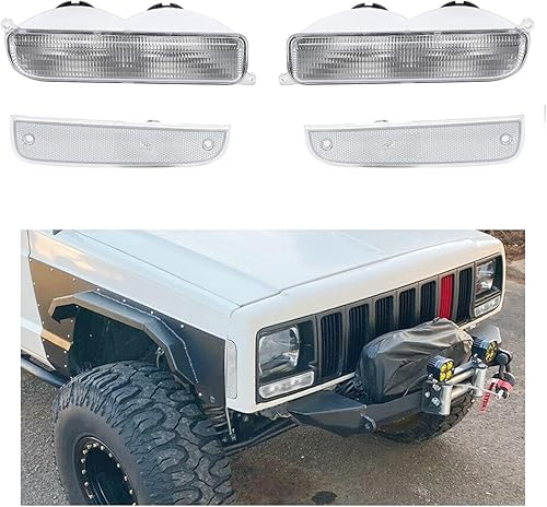 Miniatura 10 de ECOTRIC Luces de señal de esquina delantera + parachoques compatibles con lentes ahumados Jeep Cherokee XJ 1997-2001, 4 piezas