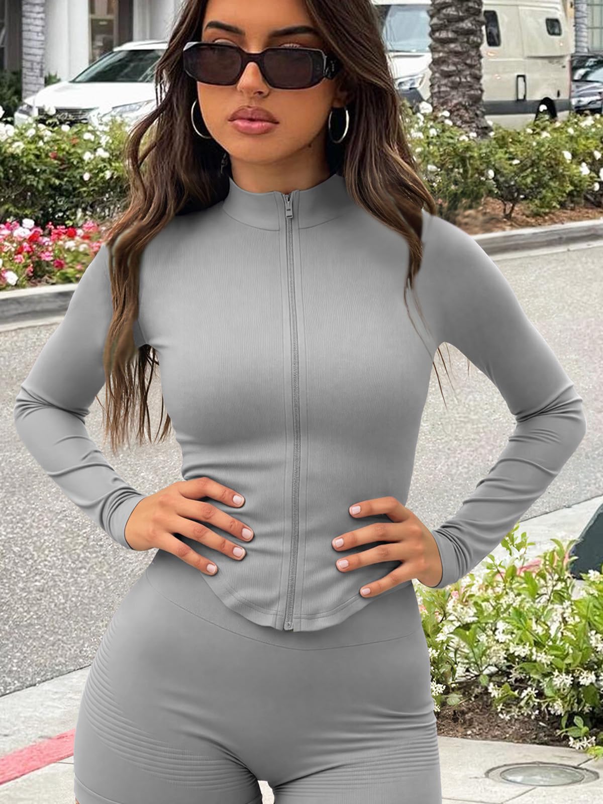 Chaqueta de entrenamiento para mujer, camiseta deportiva de manga larga con cremallera y diseño de agujero para el pulgar, ajuste delgado, atlética para gimnasio y yoga — view 8