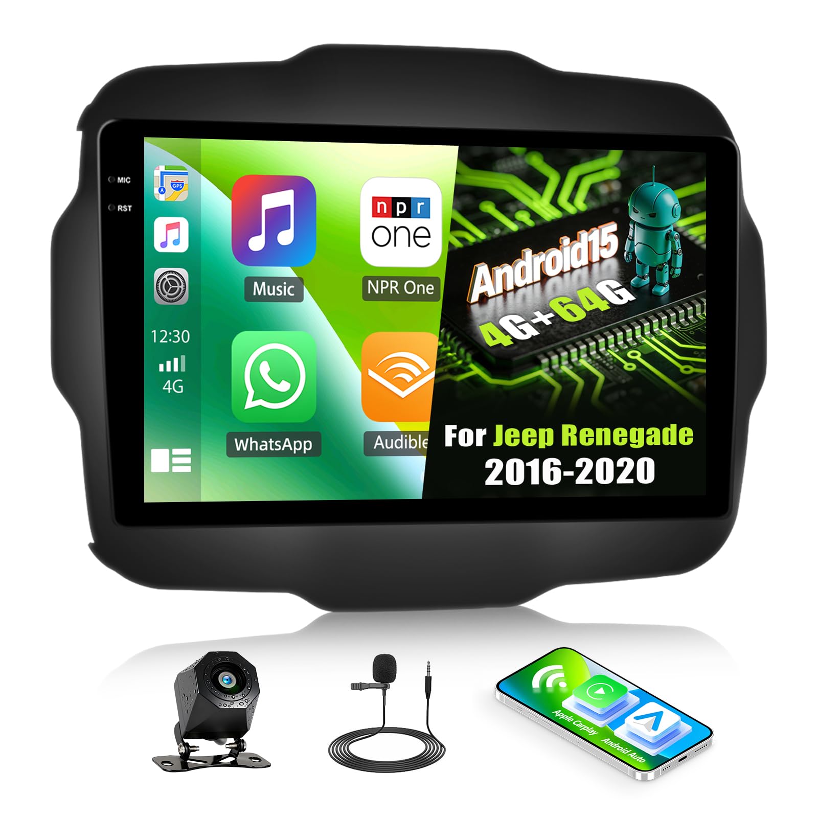 Android 15, 4G+64G GOHHDL Autoradio 2Din Navi per Jeep Renegade 2016-2020 con Carplay Android Auto, 2Din Touch Stereo da 9 Pollici con GPS Navi WiFi SWC FM RDS Radio EQ AHD Retrocamera&Mic