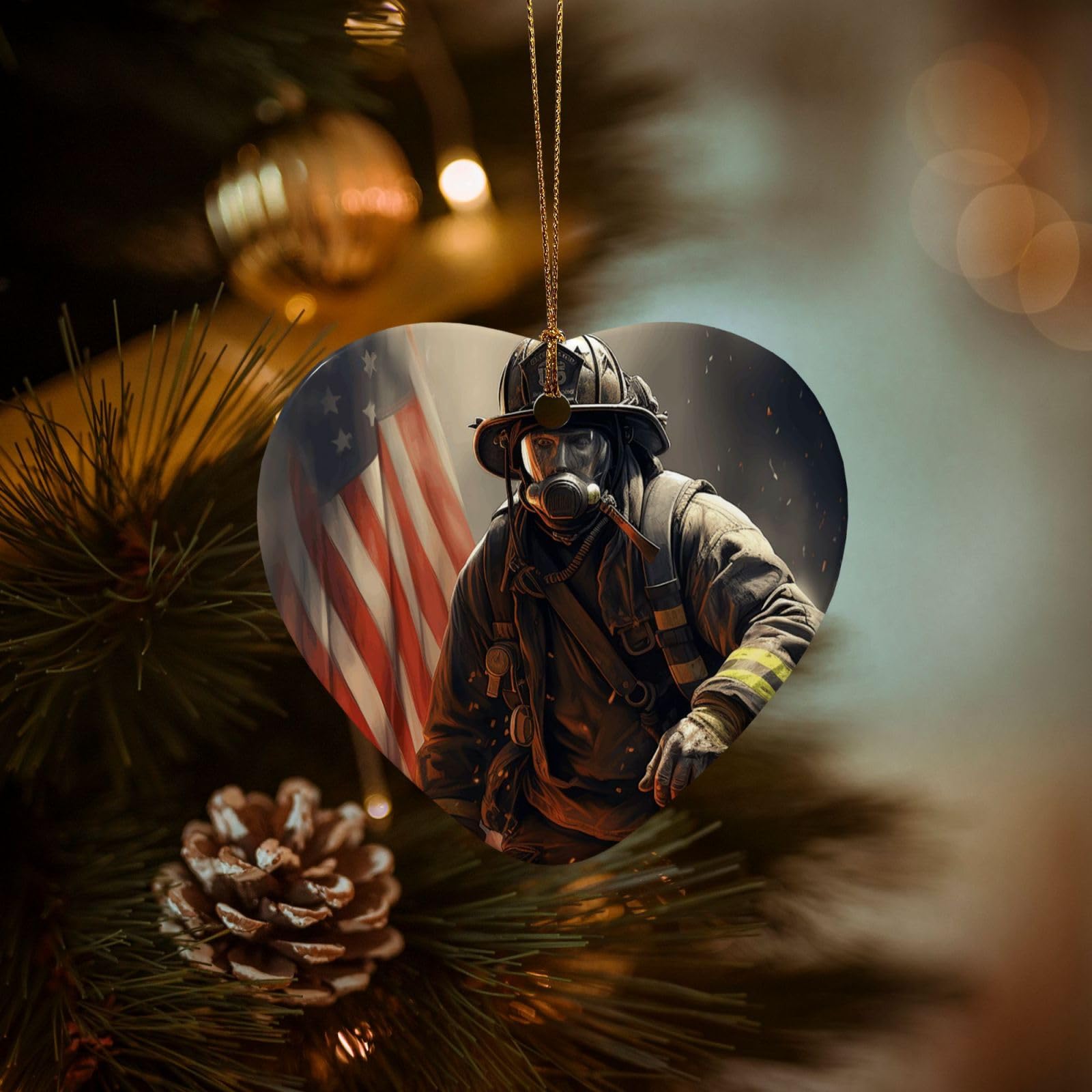 Christmas Ornaments for Christmas Tree Decoration Hanging Patriotic Firefighter Ornament with Gold Ribbon Crafts Heart Shape Ceramic Pendant for Keepsake Gifts Xmas Decor Party Supplies