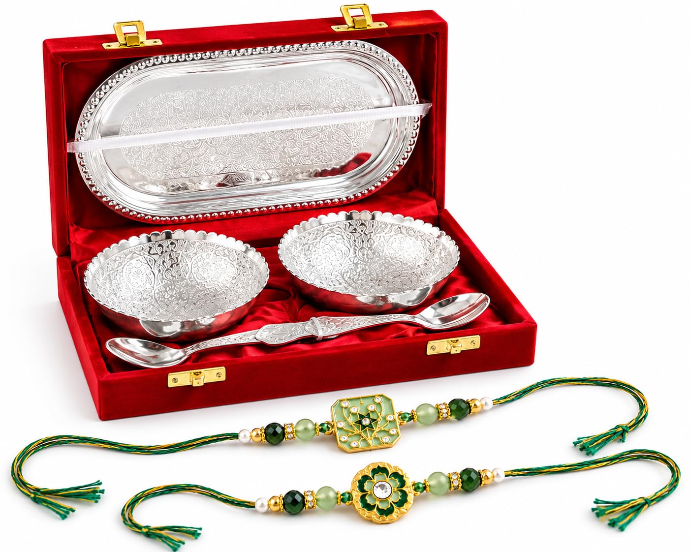 Jaipur Ace Rakhi Gift Hamper for Bhaiya Bhabhi with Silver Plated Bowl Set, Pooja Thali, 2 Designer Rakhis, Roli Chawal, Raksha Bandhan Gift Set for Brother Bhabhi, Premium Rakhi Combo with Red Velvet Box-image-20