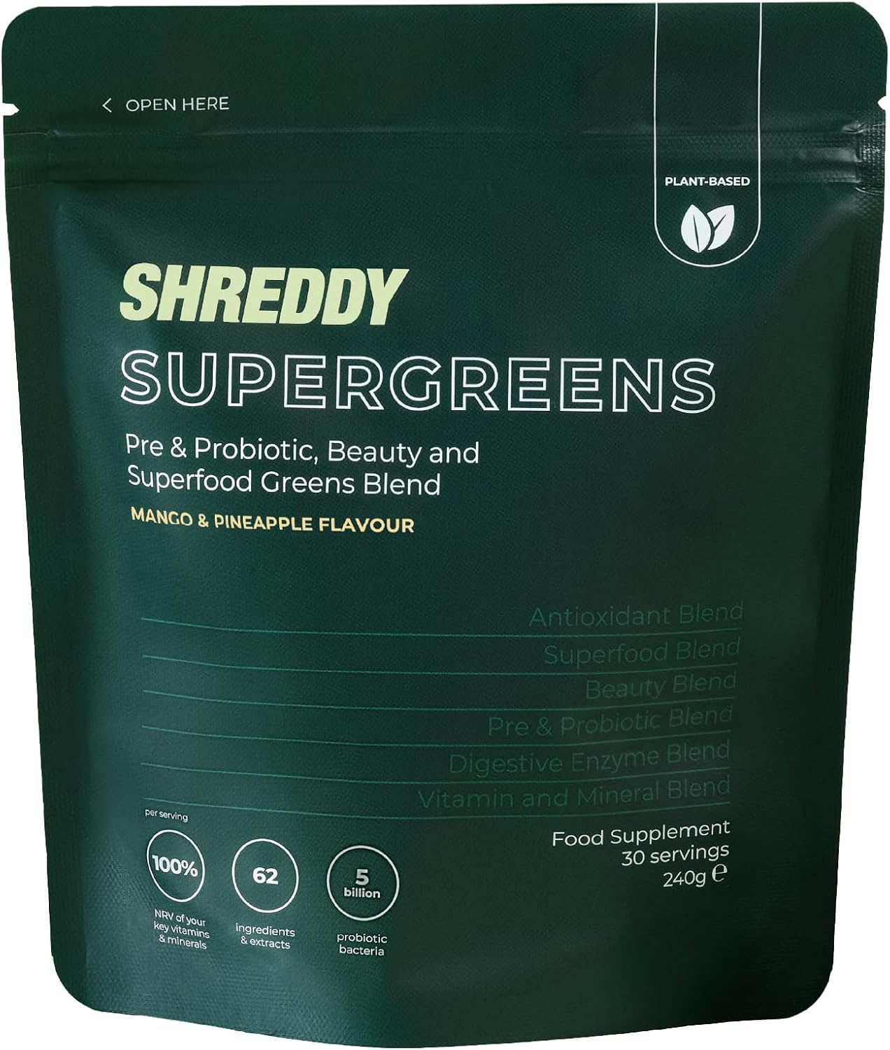 SHREDDY | Probiotic, Beauty, Superfood Greens Blend | 5 Billion Probiotics, 100% NRV Vitamins | 62 Nutrient-Rich Ingredients | Vegan-Friendly | Mango & Pineapple Flavour