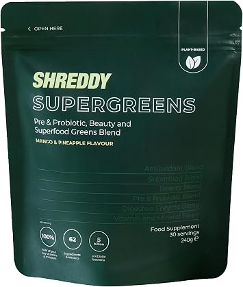 SHREDDY | البروبيوتيك ، الجمال ، مزيج Superfood Greens | 5 مليار بروبيوتيك ، 100٪ NRV فيتامينات | 62 مكونات غنية بالمغذيات | صديقة للنباتيين | نكهة المانجو والأناناس