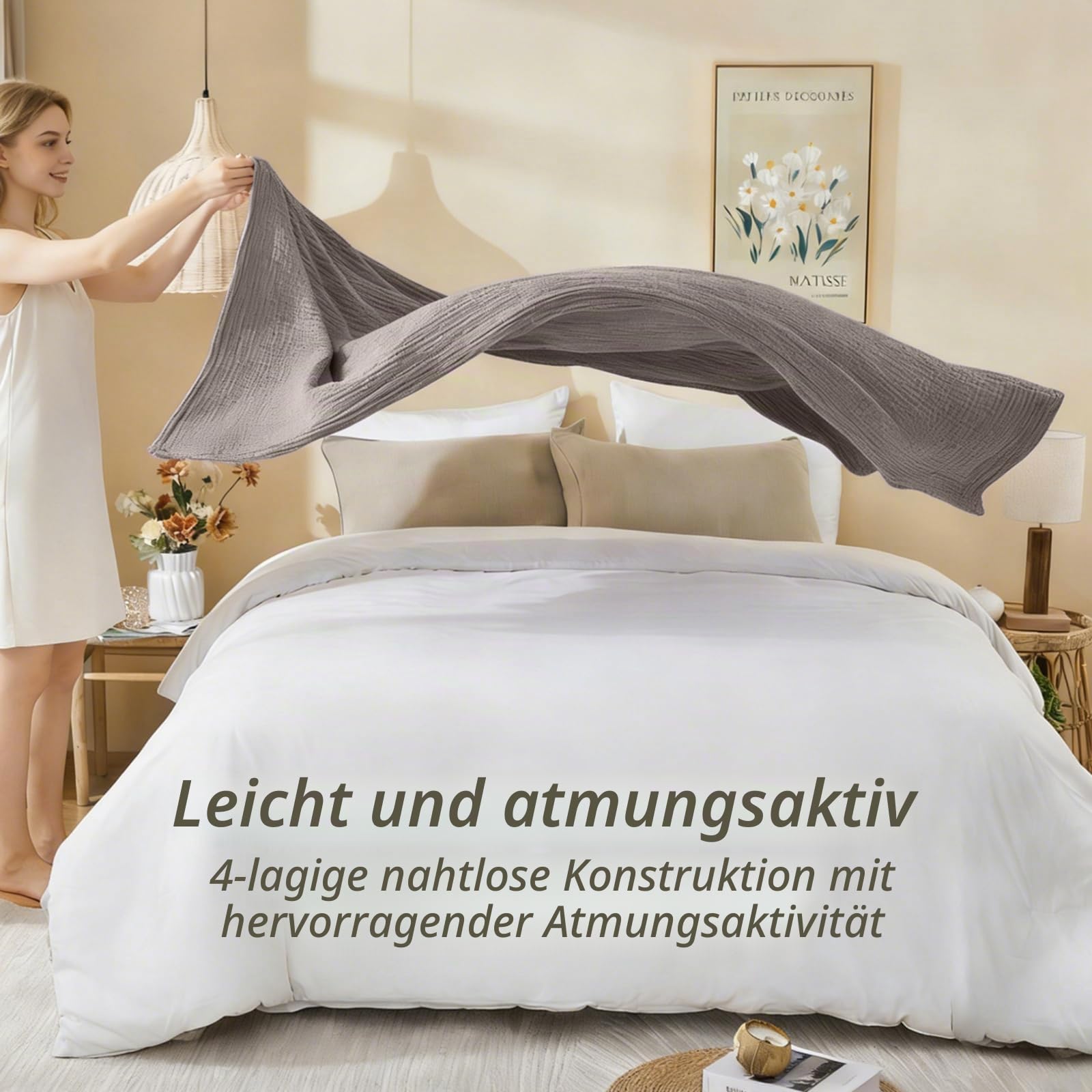 EMME Musselin Decke 167 x 230 Baumwolle Oeko-TEX Melange Braun Kuscheldecke | 4-Lagig Aus Zweifarbigem Garn – Weiche Tagesdecke Für Erwachsene, Atmungsaktiv Und Vorgewaschen, Ganzjährig Für Sofa & Bett