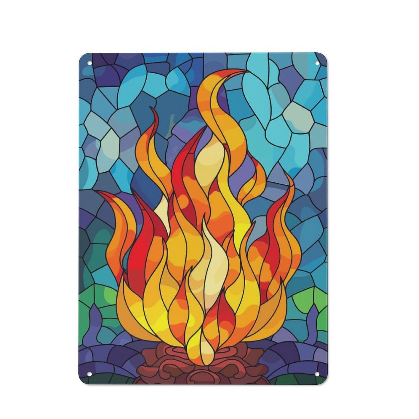 Junmoney Style-2 Tin Wall Plaque 40X30cm With Stained Glass Fire For Hobby Room Or Studio, For Kitchen, Dining Room And Home Bar Wall Decor