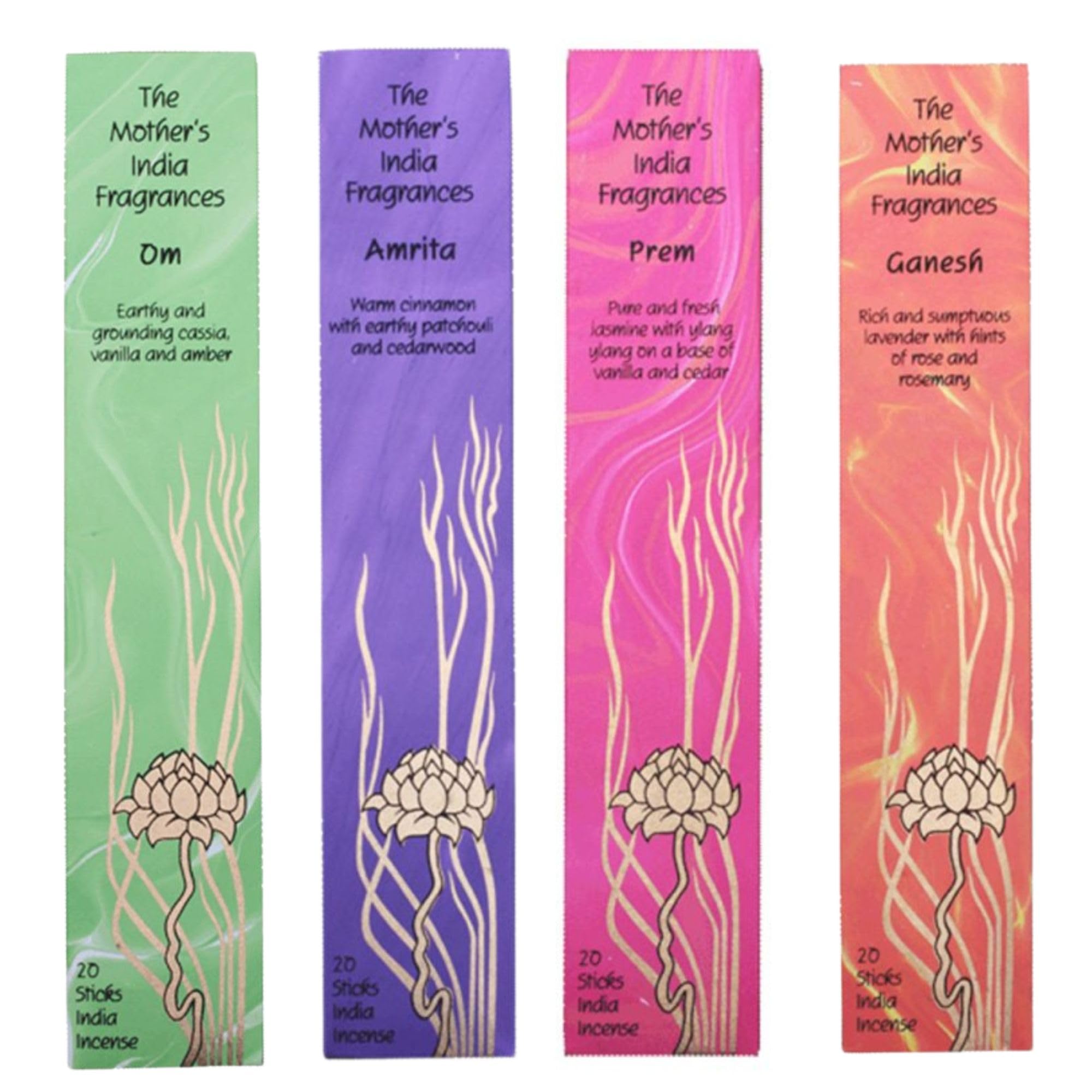 Premium Incense Sticks Set Containing Mother's India Om Amrita Prem Ganesh Fragrances, 80 Sticks