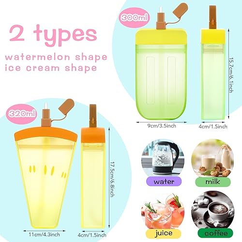 Miniatura 4 de 8 botellas de agua lindas con pajilla tazas de helado de sandía Kawaii para niños botellas a prueba de fugas con correa ajustable para el hombro