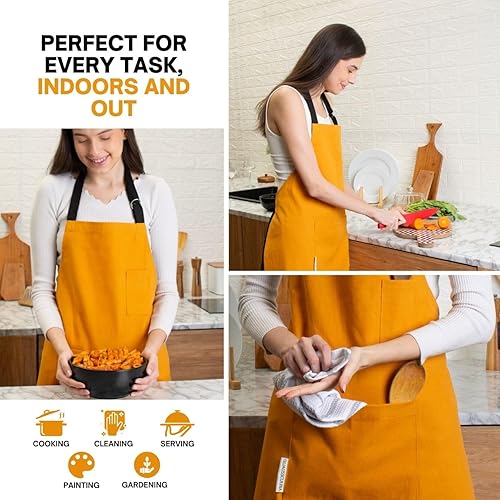 Miniatura 5 de Delantal de lona de algodón para mujeres y hombres, correa ajustable para el cuello y lazos en la cintura con bolsillos, cocina, cocina, hornear,
