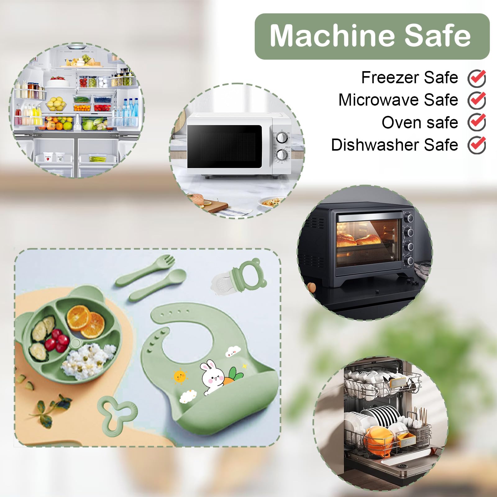 Coffret Repas Bébé 11 pièces Silicone Antidérapant avec Ventouse Assiette Bol Fourche Cuillère Bavoir Tasse Sans BPA Vert foncé