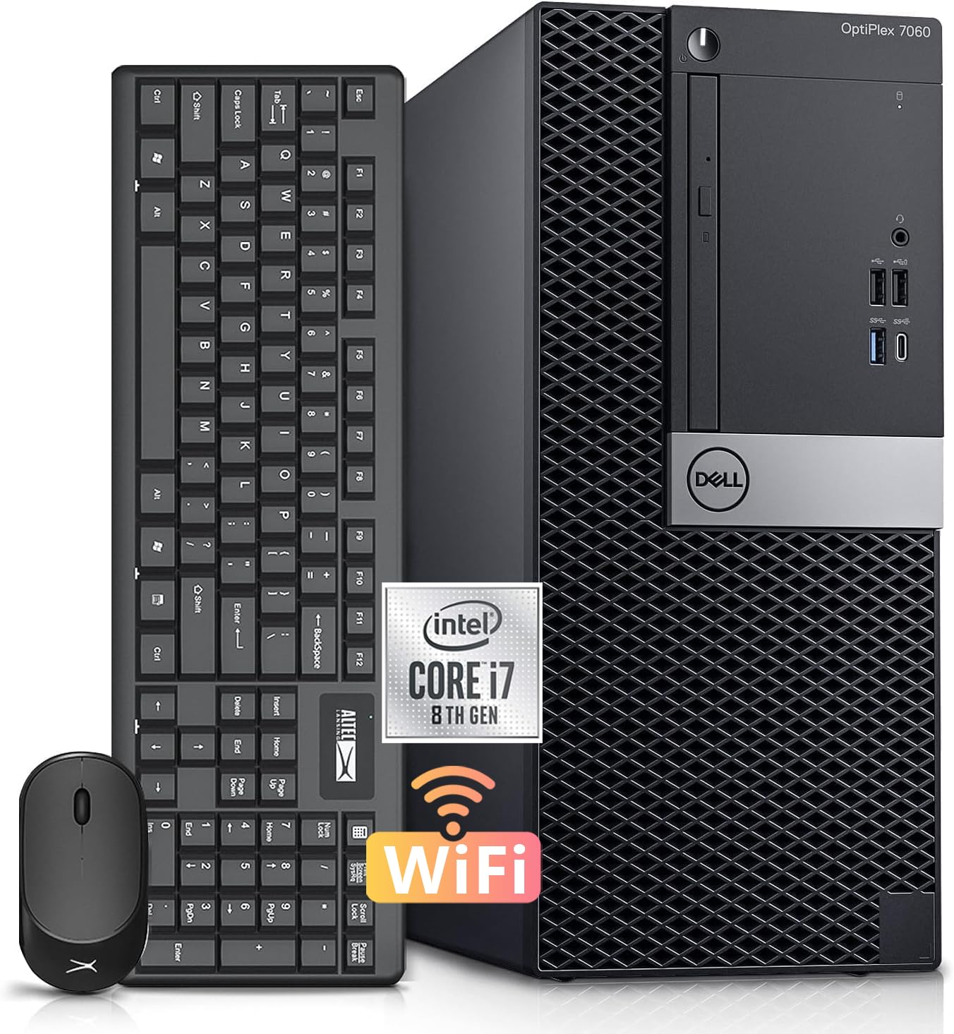 Dell Optiplex 7060 MT, Micro Tower Desktop PC, Intel Core i7-8700T, 16 GB RAM, 512 GB SSD, WiFi & Bluetooth, Tastiera US QWERTY, Windows 11 Pro (Ricondizionato)