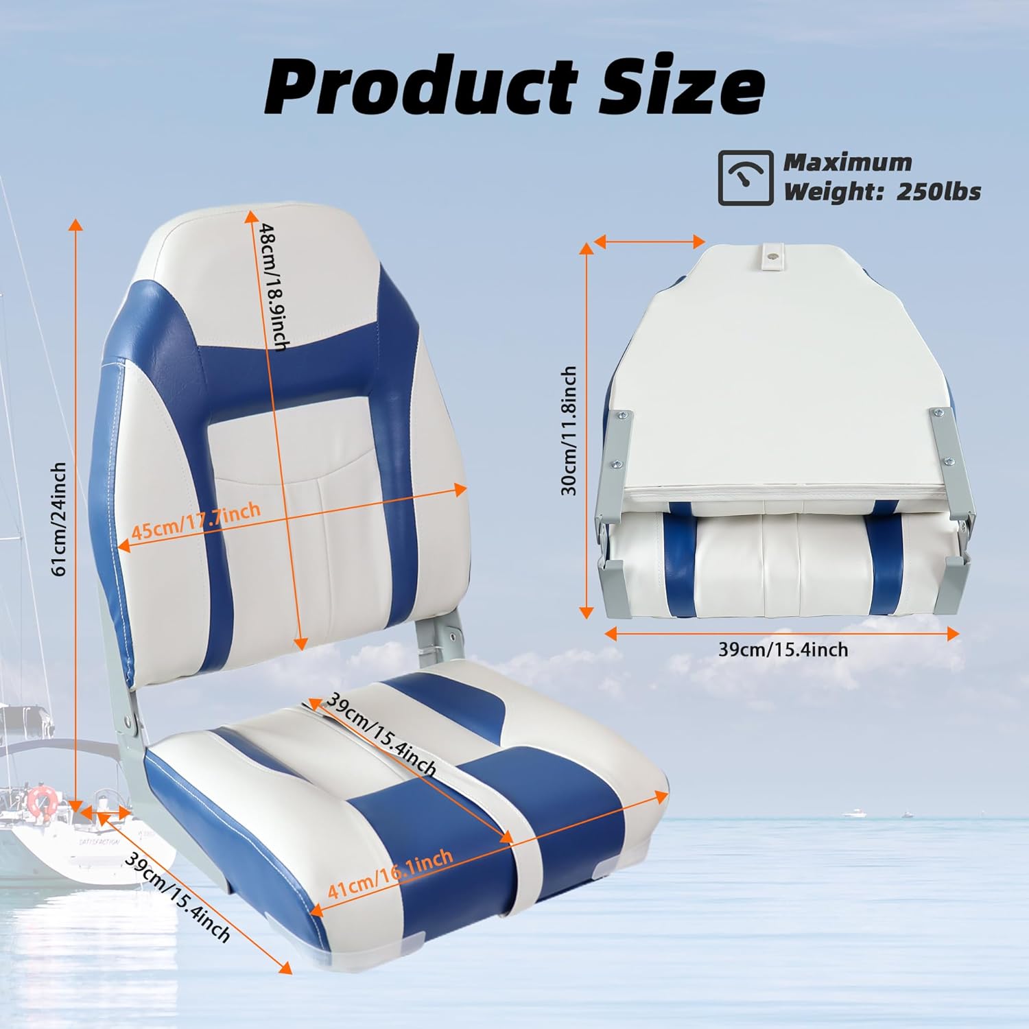 High Back Folding Boat Seats Padded Fishing Boat Chair with Backrest Marine Bass Jon Pontoon Swivel Boat Seat (White/Blue)