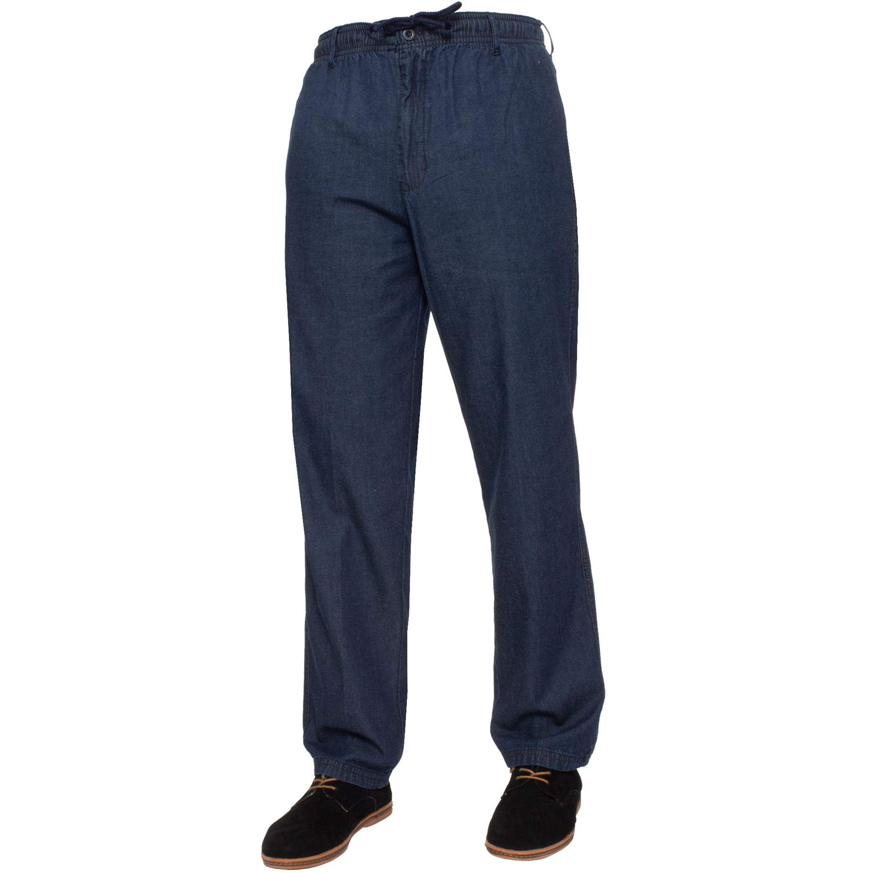 BRAND KRUZE Men's Rugby Trousers Blue Denim Smart Elasticated Waist Plain Pants with Drawstrings 46W / 29L
