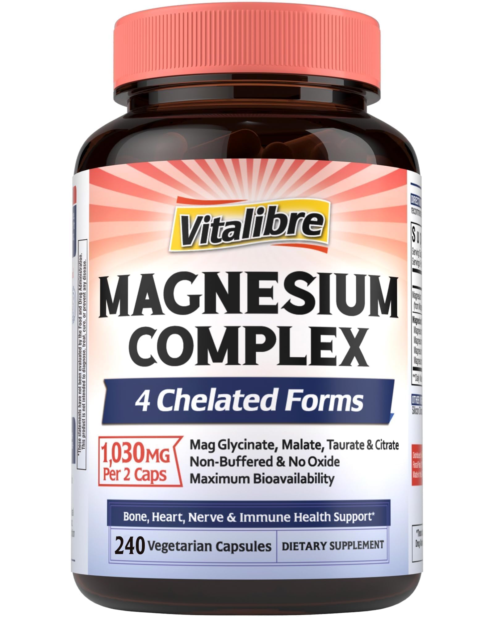 Vitalibre Magnesium Complex Supplement, 4 in 1 Maximized Absorption Chelated Magnesium Glycinate Malate, Taurate & Citrate, Non-Buffered, Bone, Heart, Nerve & Immune Support, 240 Vegan Capsules 240 Count (Pack of 1)