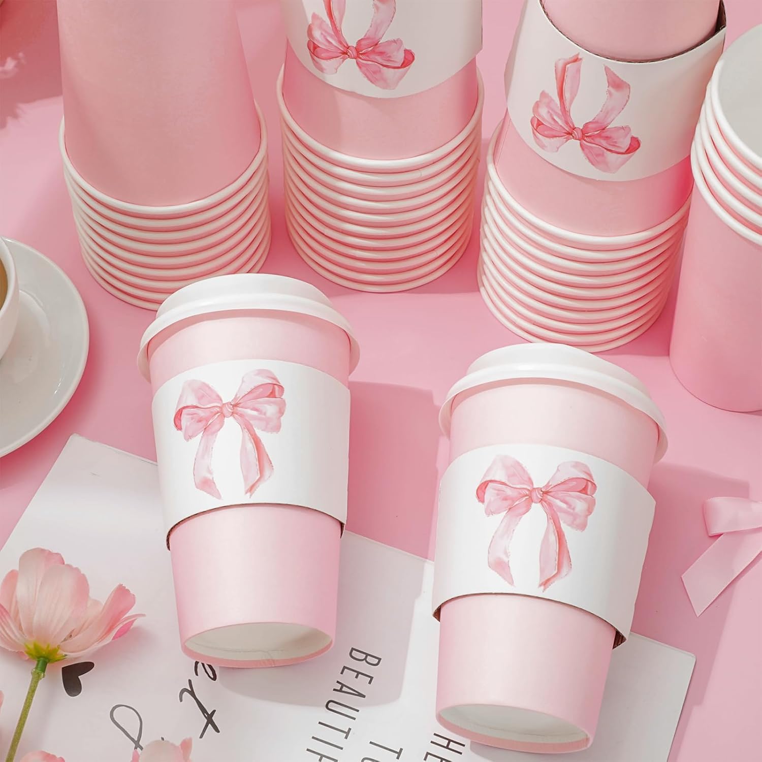 50 Sets Pink Coffee Cups with Lids and Watercolor Bow Sleeves 16oz Bowknot Paper Cups Disposable To Go Coffee Cups for Birthday Baby Shower Bachelorette Party - Image 4