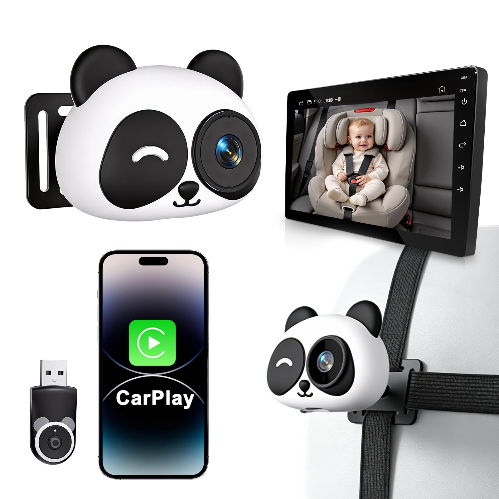 Adattatore wireless CarPlay 2 in 1 e telecamera per auto per bambini, 1080p HD, con grandangolo a 150° e visione notturna, per veicoli con CarPlay cablato (dal 2016)