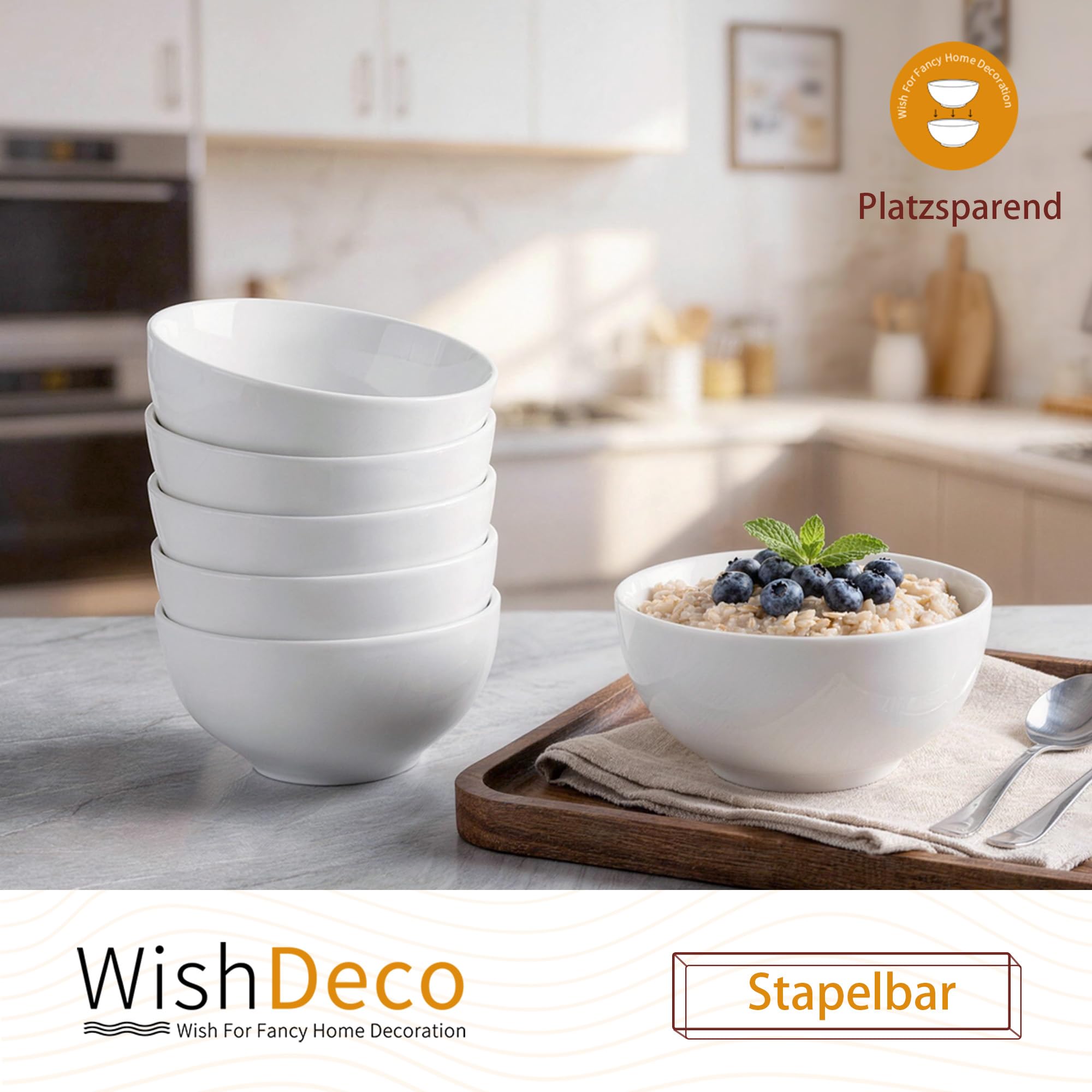 WishDeco Dessertschalen 6er Set, Kleine Müslischalen 300ml, Suppenschalen Porzellan Weiß, Snackschale Keramik, Mini Bowl Schüssel für Eis, Joghurt, Nüsse