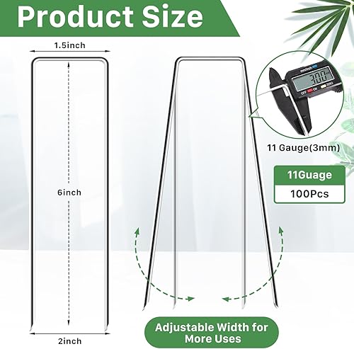 Miniatura 2 de Paquete de 100 grapas de jardín de 6 pulgadas, estacas de jardín de calibre 11, grapas galvanizadas resistentes, grapas de tela de paisaje tipo U,