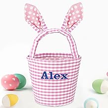 Easter Basket for Boys Girls, VAPCUFF Personalized Easter Basket, Easter Bunny Basket, Easter Egg Hunting Basket, Easter Baskets for Kids Babies Toddlers - Plaid Bunny Ear Pink