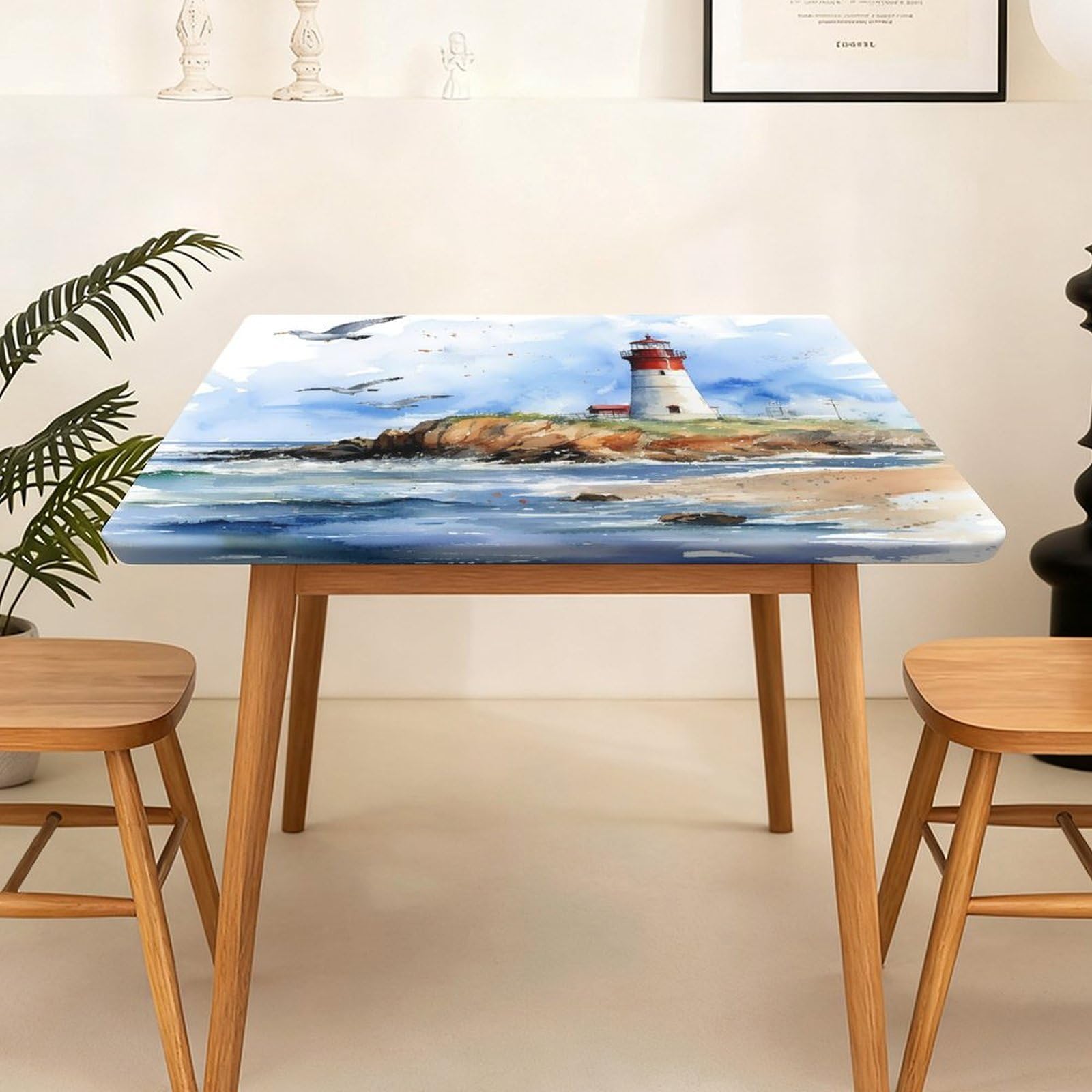Tovaglia quadrata con bordo elastico, motivo faro oceanico, impermeabile, per sala da pranzo, feste di nozze, picnic, 130 cm