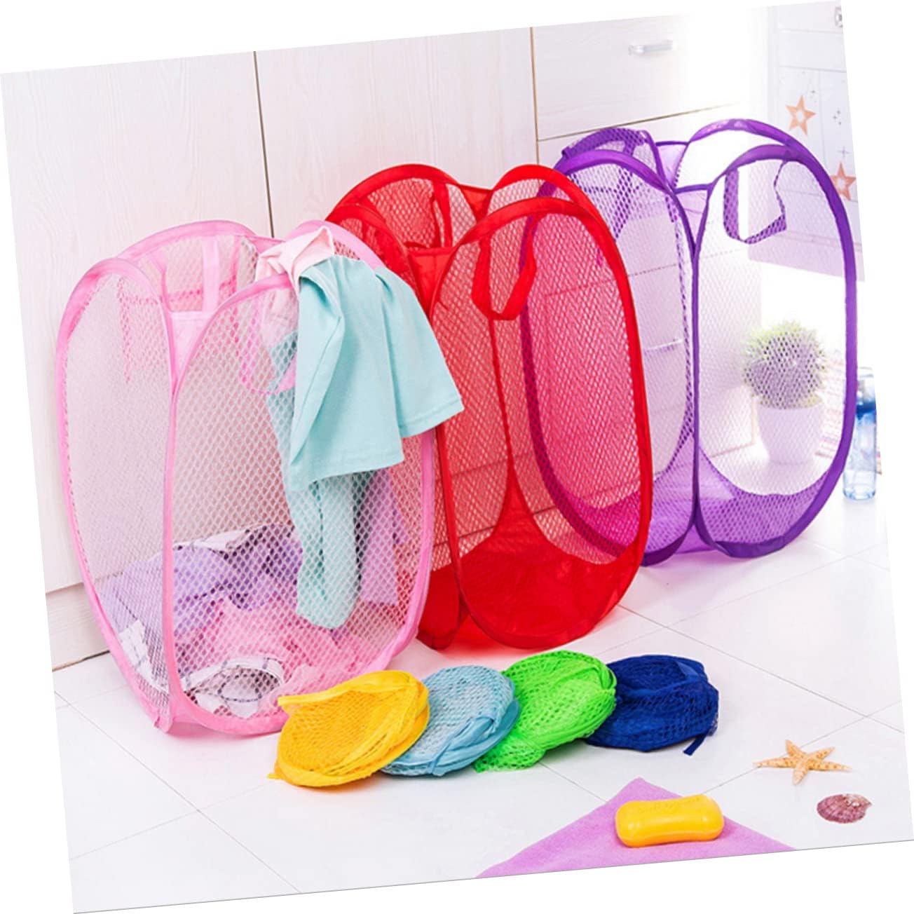 MAGICLULU Foldable Pop Up Laundry Hamper Mesh Basket with Side Pocket and Handles Breathable Clothes Storage for College Small Apartments Camping Sky Blue