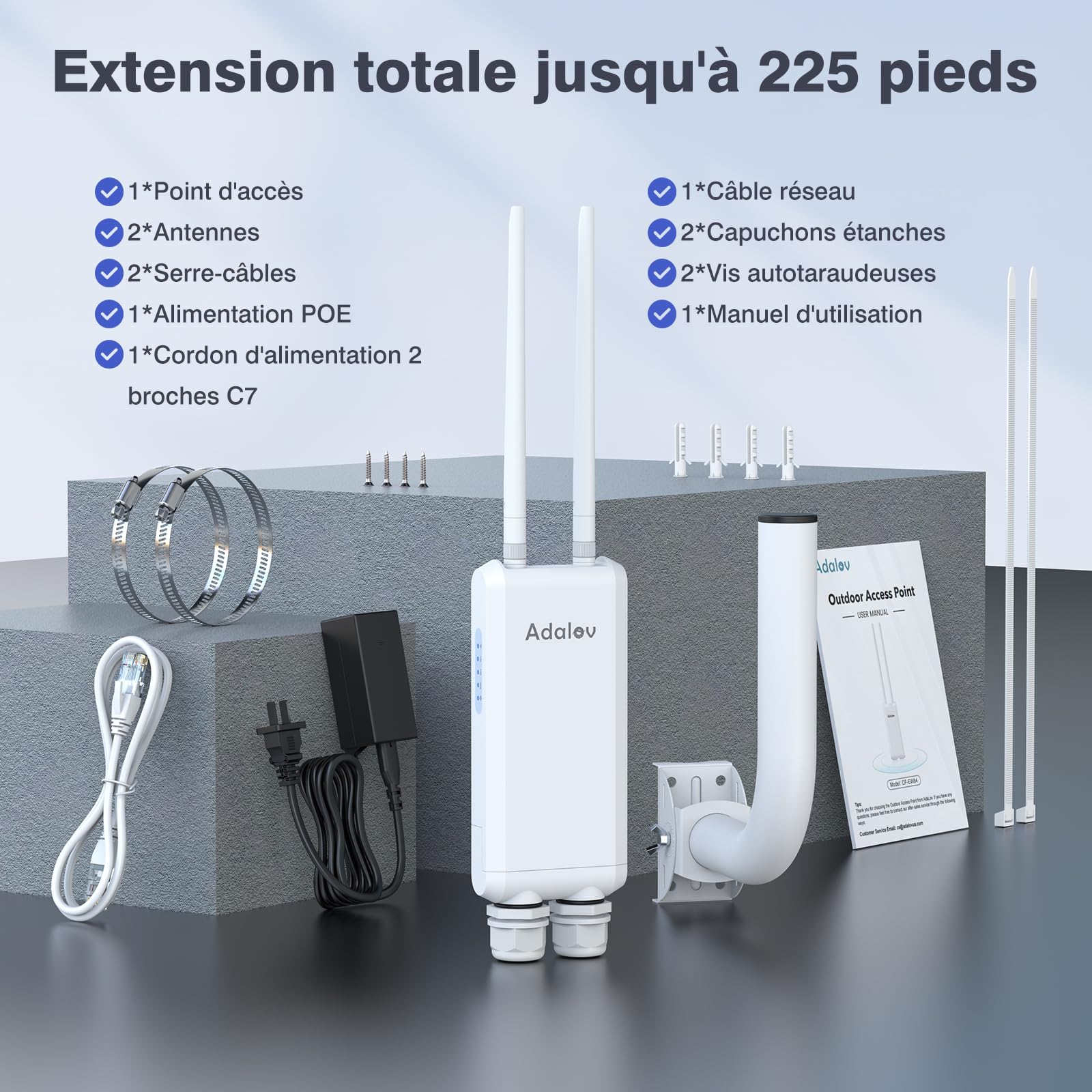 AdaLov Gigabit Point d’Accès sans Fil Extérieur, Point d’Accès WiFi Longue Portée, 1200Mbps Double Bande 2,4/5,8 GHz, Étanche IP66,Répéteur WiFi pour Magasin/Jardin/Garage/École/Camping-Car,48V PoE