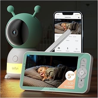2K Wifi Baby Monitor, App & 5'' Screen Control, Smart Night Light, Night Vision, Cry Motion Sound Detect, 360° Camera, Smartphone, PTZ, Auto-tracking, 24-H Battery Life, Humidity Temperature