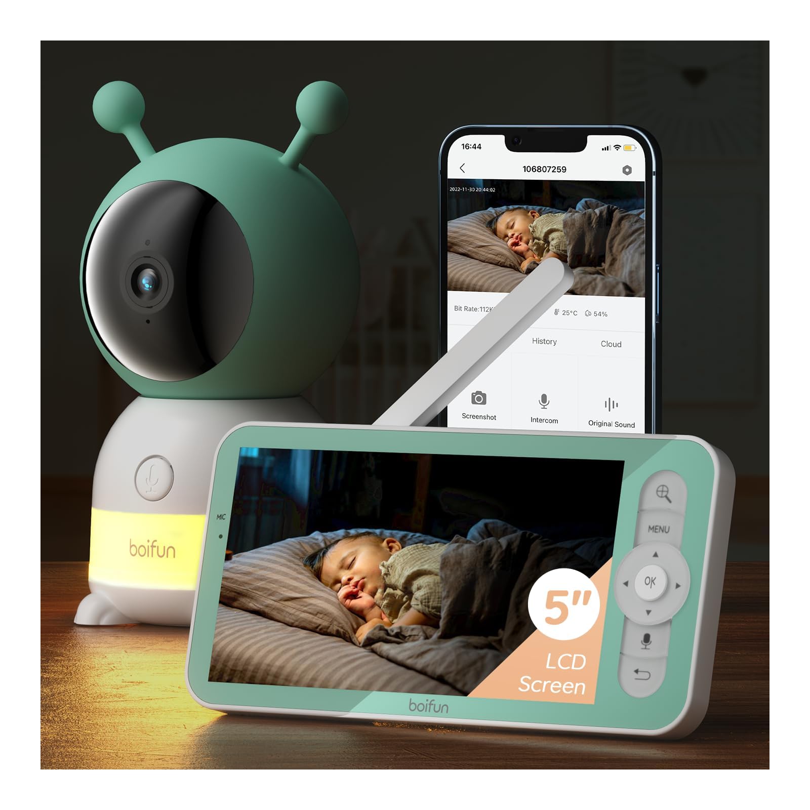 BOIFUN 2K Wifi Baby Monitor, App & 5'' Screen Control, Smart Night Light, Night Vision, Cry Motion Sound Detect, 360° Camera, Smartphone, PTZ, Auto-tracking, 24-H Battery Life, Humidity Temperature