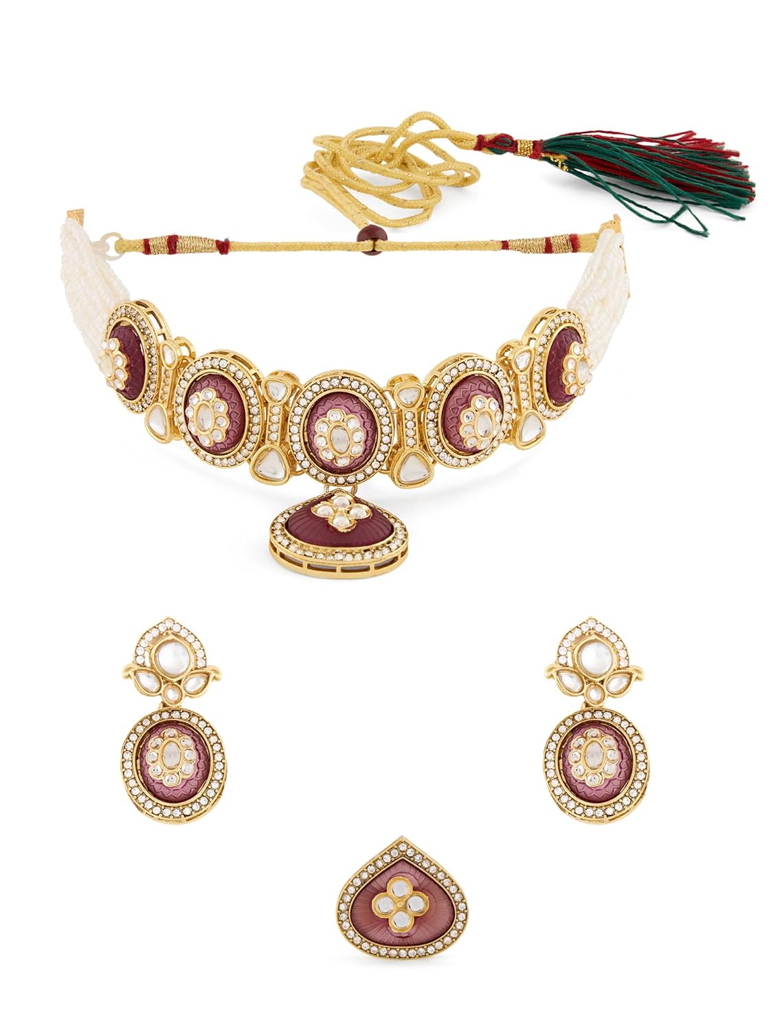 ZAVERI PEARLS Purple Stones Austrian Diamonds Multistrand Beaded Choker Necklace Earring & Ring Set For Women-ZPFK21782