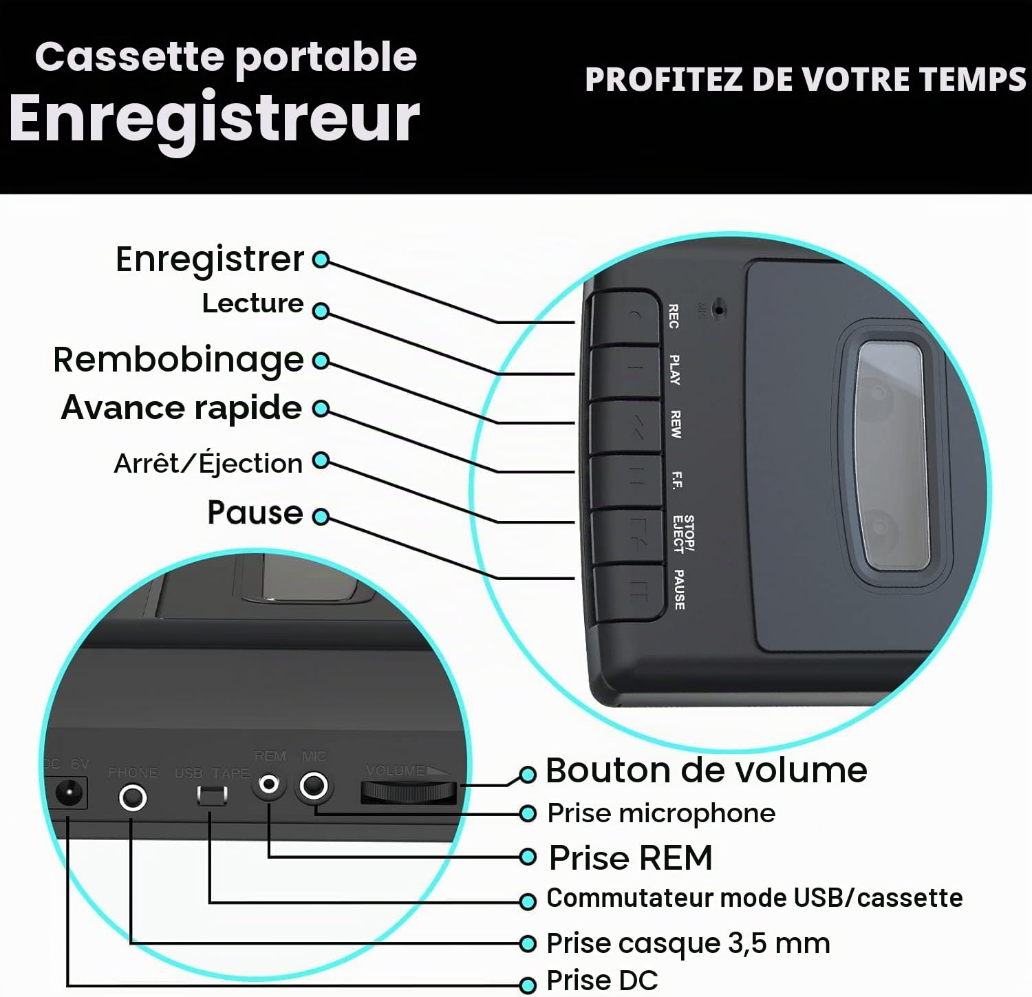 Lecteur Cassette Portable,Enregistreur de Cassettes,Convertisseur Numérique de Cassettes vers Disque Flash USB, Haut-Parleur Intégré, Poignée Rétractable