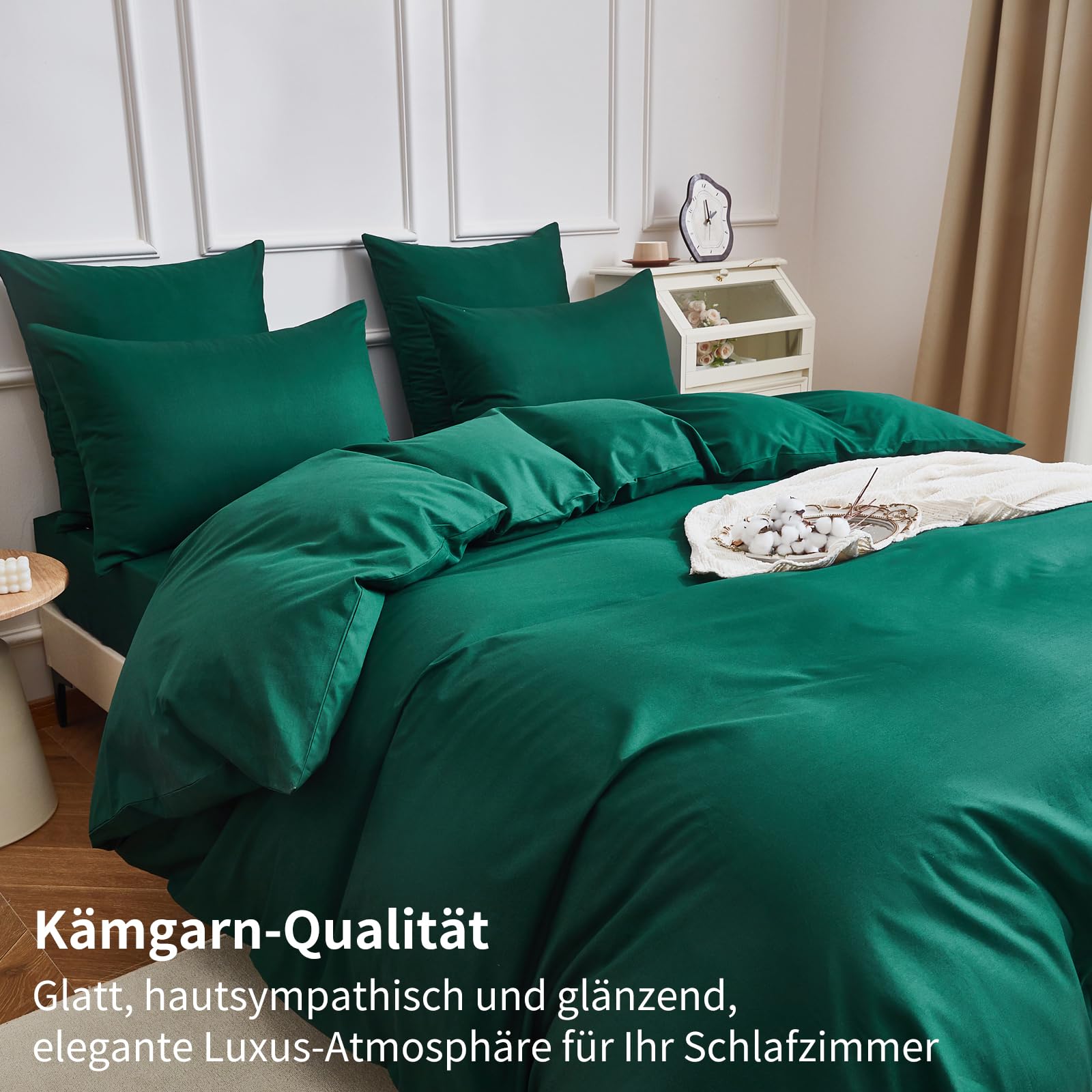 Ropa de cama de 135 x 200 cm, 4 piezas, color verde oscuro, 100 % algodón peinado, refrescante, liso, brillante, suave, transpirable, juego de funda nórdica con cremallera y 2 fundas de