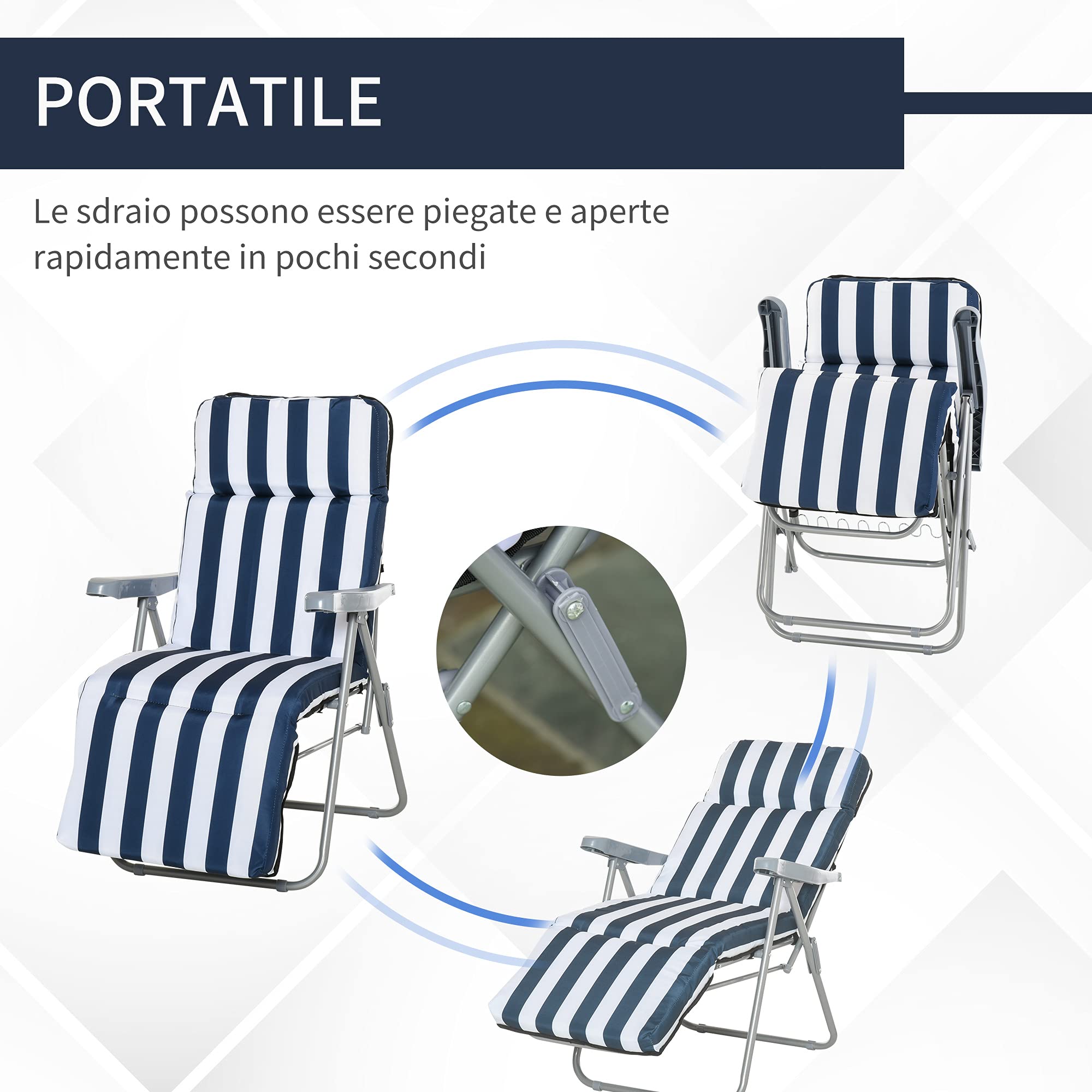 Outsunny Sedia Sdraio per Esterni da 2 Pezzi Pieghevole e Reclinabile, Lettino Prendisole con Cuscino Imbottito, Blu e Bianco