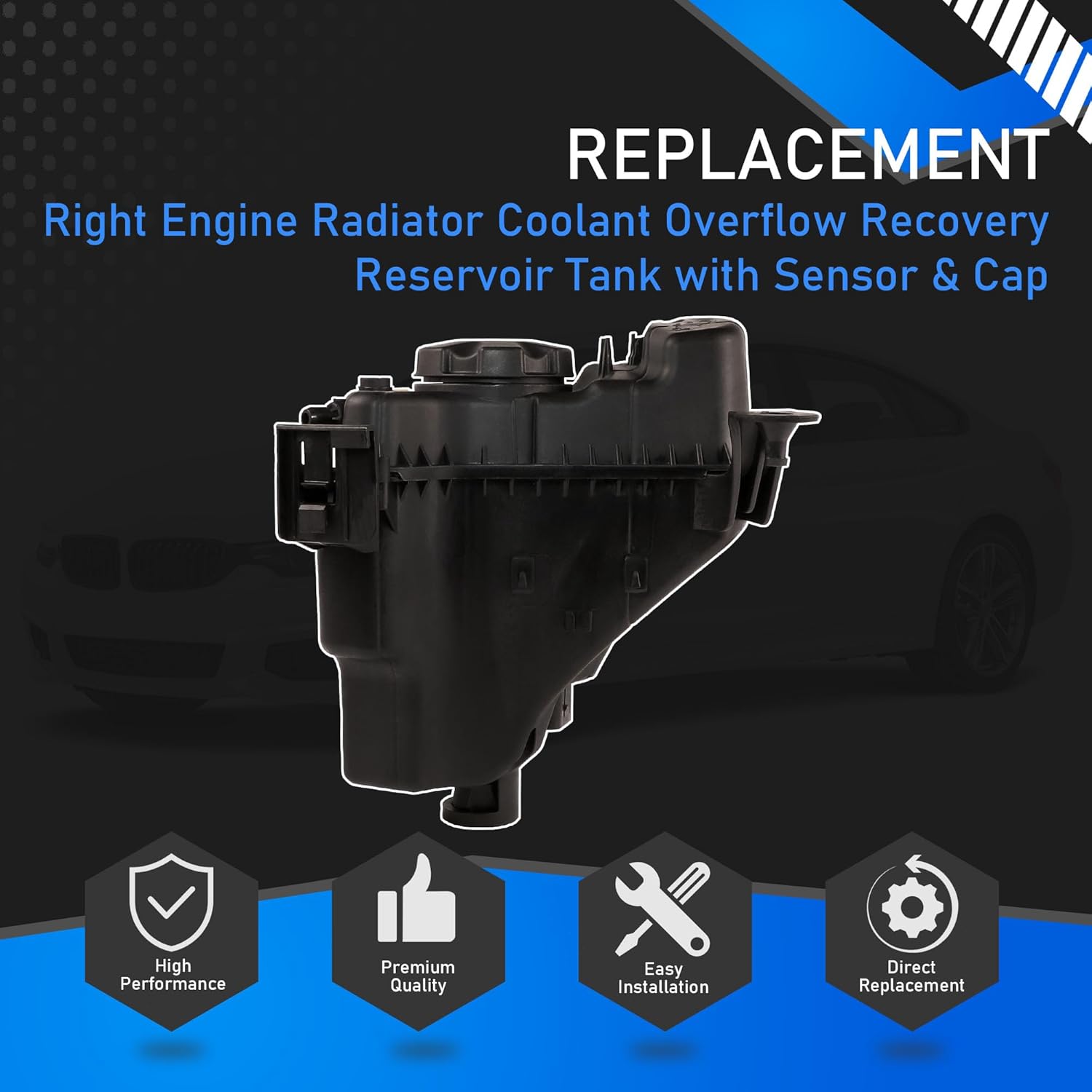 Right Engine Radiator Coolant Overflow Recovery Reservoir Tank with Sensor & Cap Compatible with 2016-2020 BMW 230i 330i 340i 430i 440i M240i Replaces V205117 17138677649 17138617044