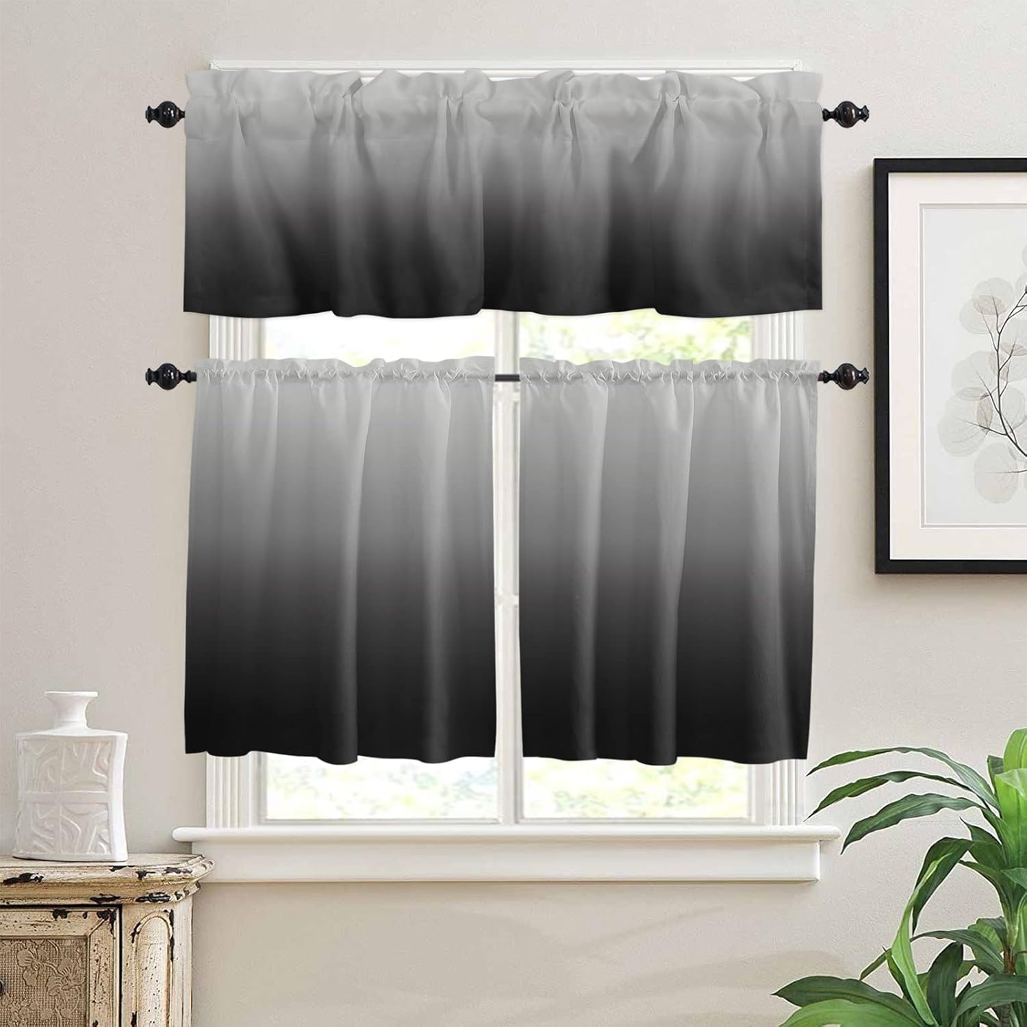 Black and Grey Kitchen Curtain Valance and Tiers Set Ombre Gray Rod Pocket Kitchen Tier & Valance Set 3 Piece Gradient Gradual Color Modern Window Curtain Valance Tier Set for Bedroom 54x24 inch