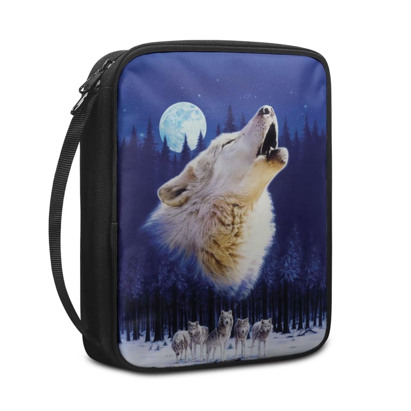 NETILGEN Bible Cover Case Zipper Bible Protective Portable Notebook Carrying Case with Handle Church Bag Perfect Gift for Women Men Girls Moon Wolf