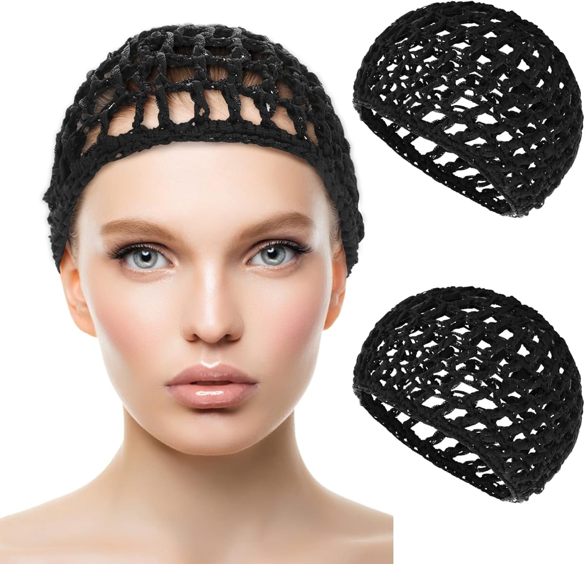 WLLHYF 2 STÜCKE Haarnetze Mütze Schlafen Haarnetz Snoods Wrap Bonnets Lange Gerade Locken Perücke Kopfschutz Schwarz Mesh Wrapping Häkelwelle Kochmützen Weben Nähen Für Frauen