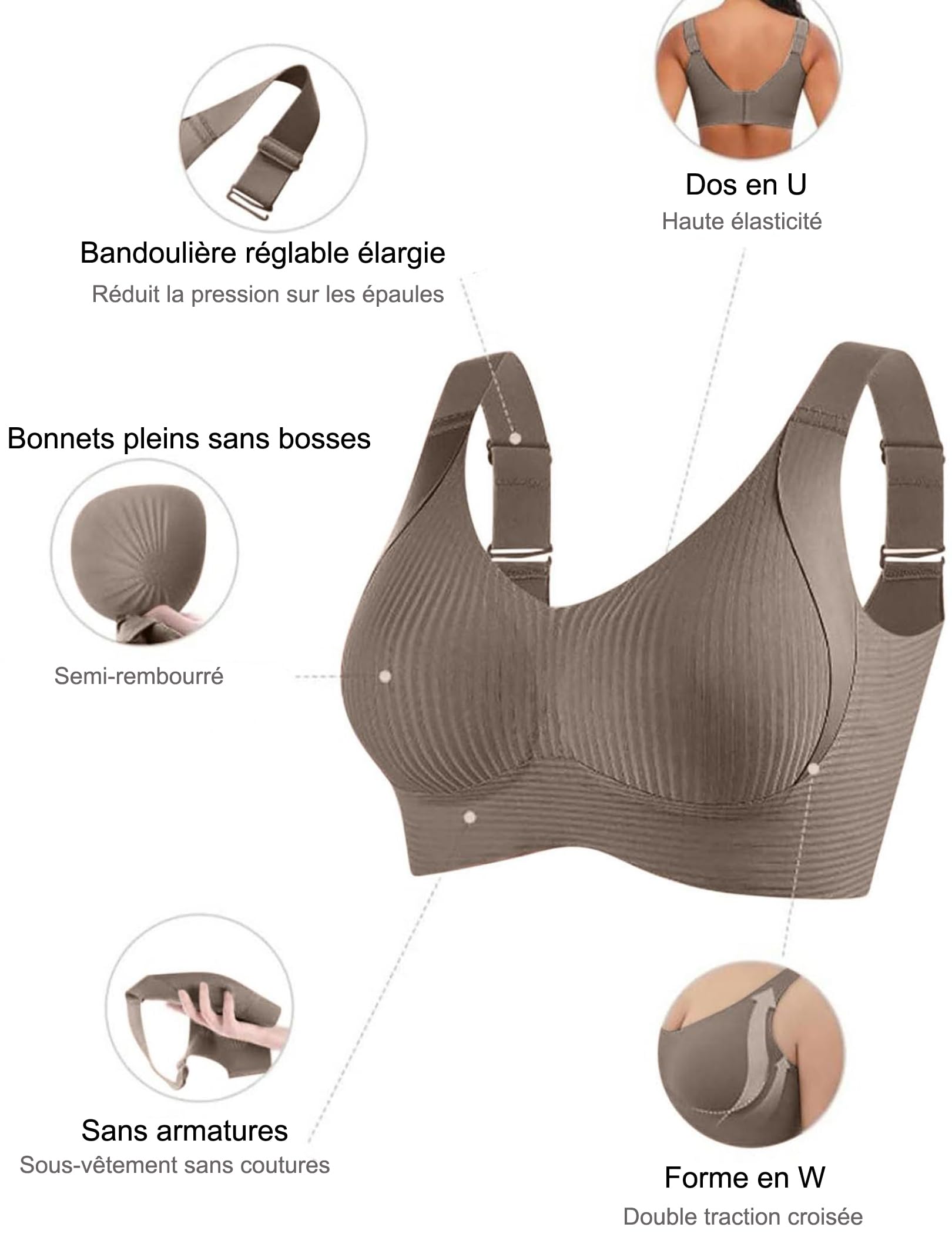 Lot de 2 Soutiens Gorge Classiques Bralette Femme sans Armature Grande Taille Soutien Gorgé Remonte Poitrine Comfit Push Up Bra Non Rembourré Brassière Bretelles Larges Réglables sous Vetements - 3