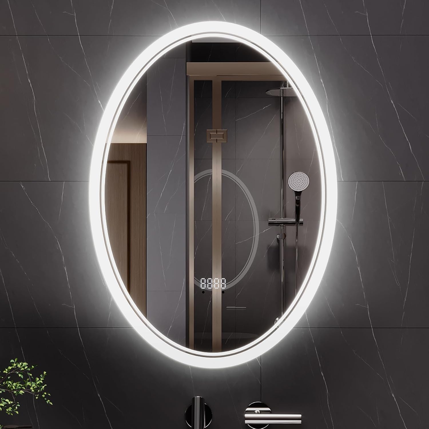 24x32 Inch LED Bathroom Mirror – Anti-Fog, Shatter-Proof Oval Makeup Mirror with Front & Backlit Lighting, 3 Color Modes & Stepless Dimming, Digital Time/Temperature Display, Vanity Mirror 32"L x 24"W