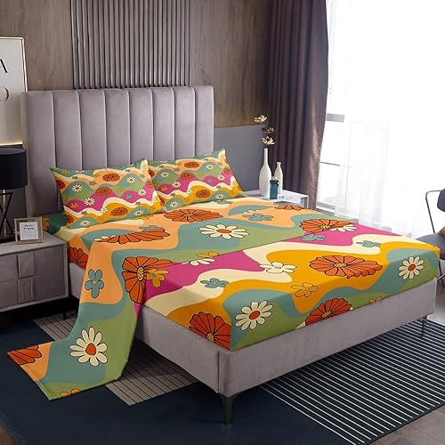 Juego de sábanas de flores de primavera, tamaño matrimonial, para niñas, mujeres, niños, coloridas ondas geométricas, juego de ropa de cama botánica