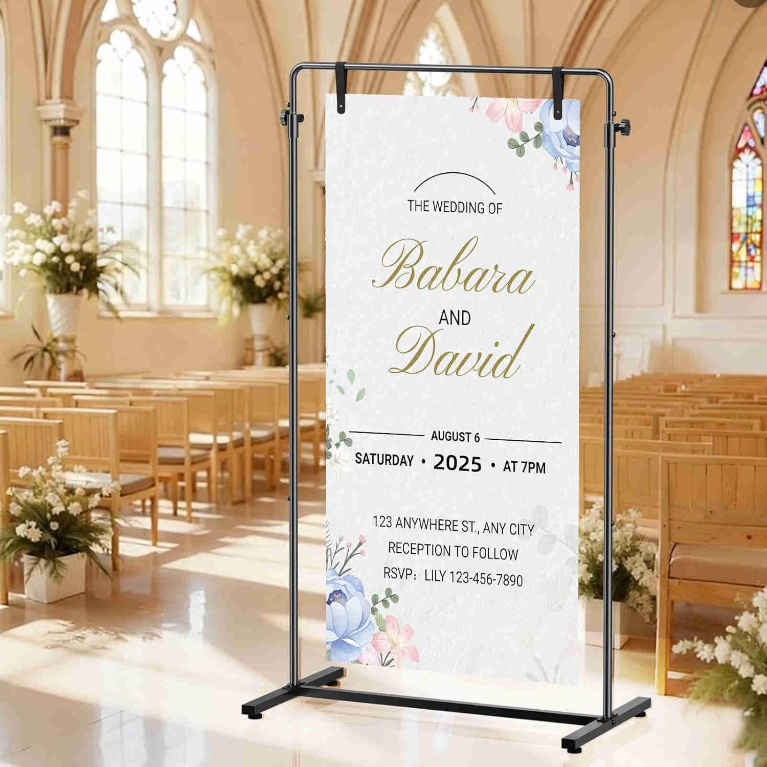 Wedding Welcome Sign stand, Welcome to Our Wedding Sign Holder with Leather Sign Hanging Staps, Adjustable Metal Banner Poster Easel Stand for Entrance Sign Display