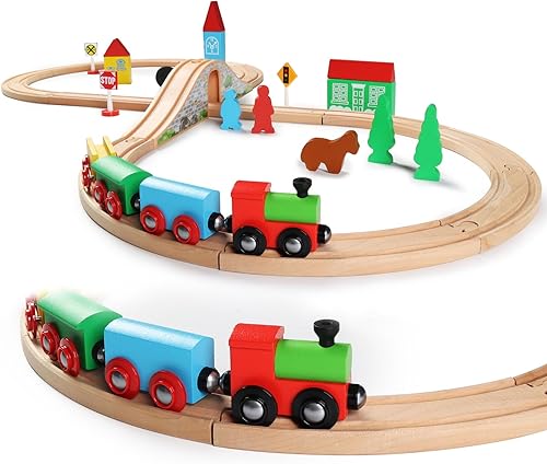 SainSmart Jr. Juego de tren de madera para niños pequeños con vías de tren de doble cara para Brio, Thomas, Melissa y Doug, tren de juguete de
